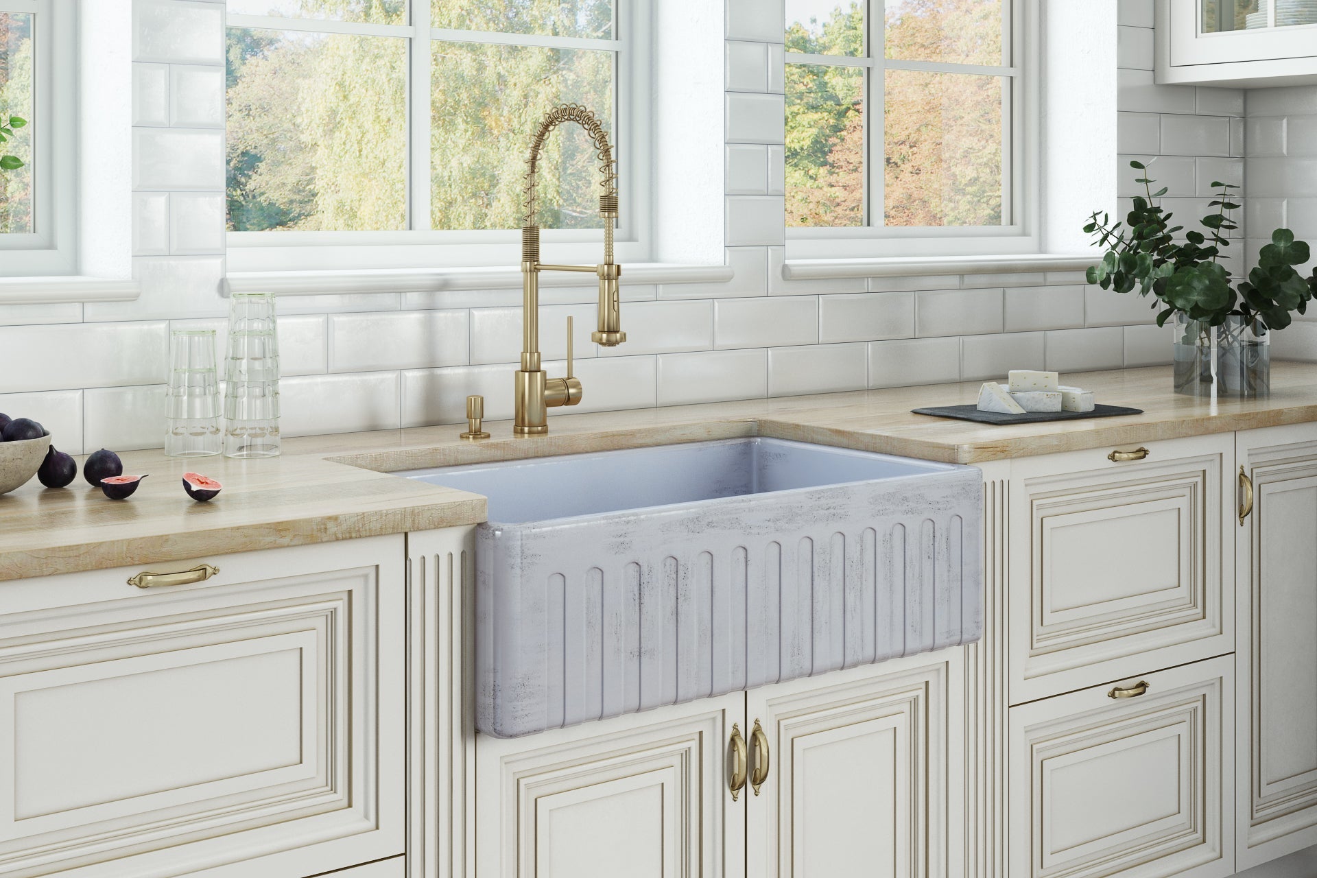 Ruvati 33" Fireclay Distressed Finish Farmhouse Apron-Front Kitchen Sink Reversible - Coastal Blue