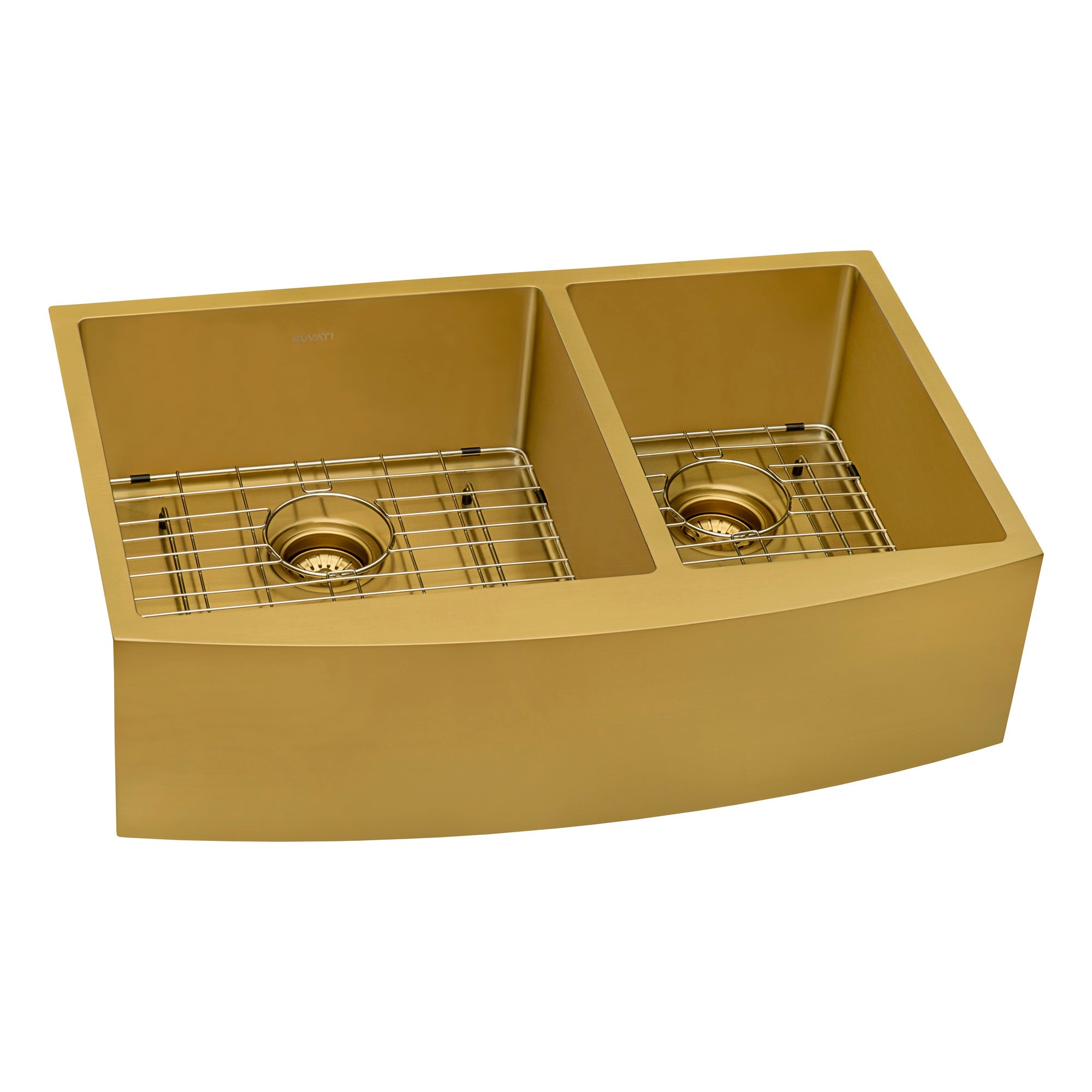 Ruvati 33" Matte Gold Stainless Steel 60/40 Double Bowl Apron Front Farmhouse Kitchen Sink