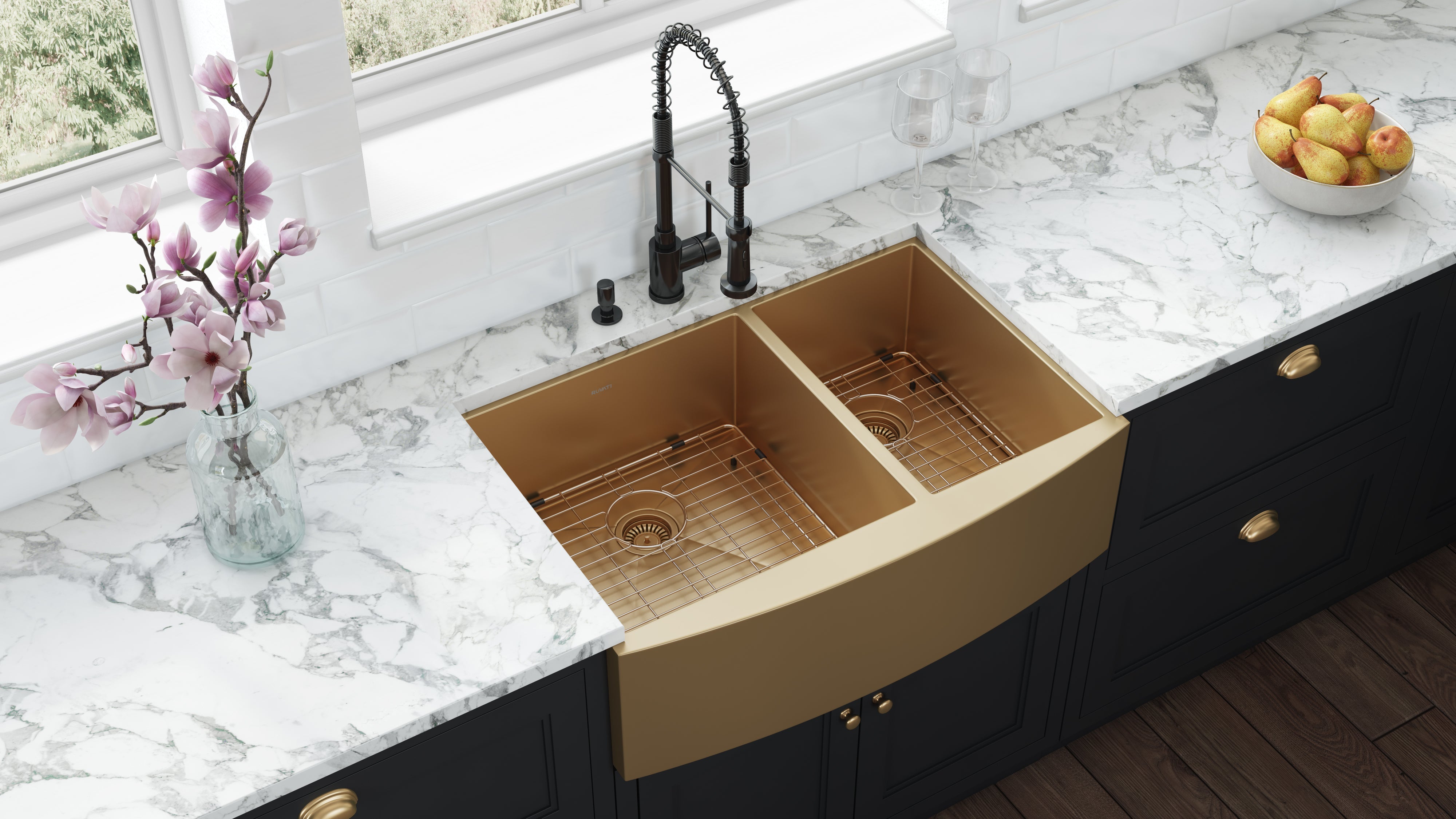 Ruvati 33" Matte Gold Stainless Steel 60/40 Double Bowl Apron Front Farmhouse Kitchen Sink
