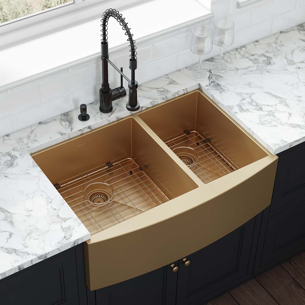 Ruvati 33" Matte Gold Stainless Steel 60/40 Double Bowl Apron Front Farmhouse Kitchen Sink