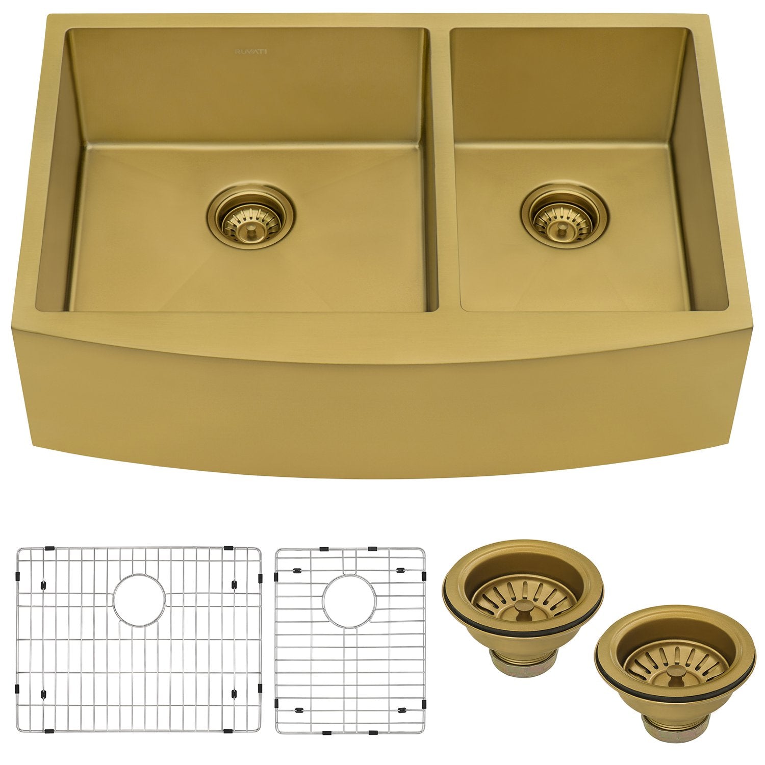 Ruvati 33" Matte Gold Stainless Steel 60/40 Double Bowl Apron Front Farmhouse Kitchen Sink