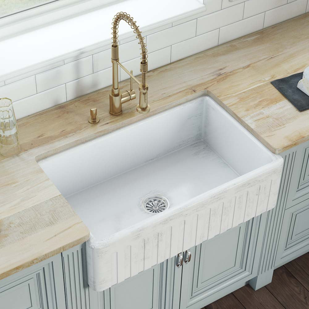 Ruvati 33" Reversible Distressed White Fireclay Farmhouse Apron Front Kitchen Sink