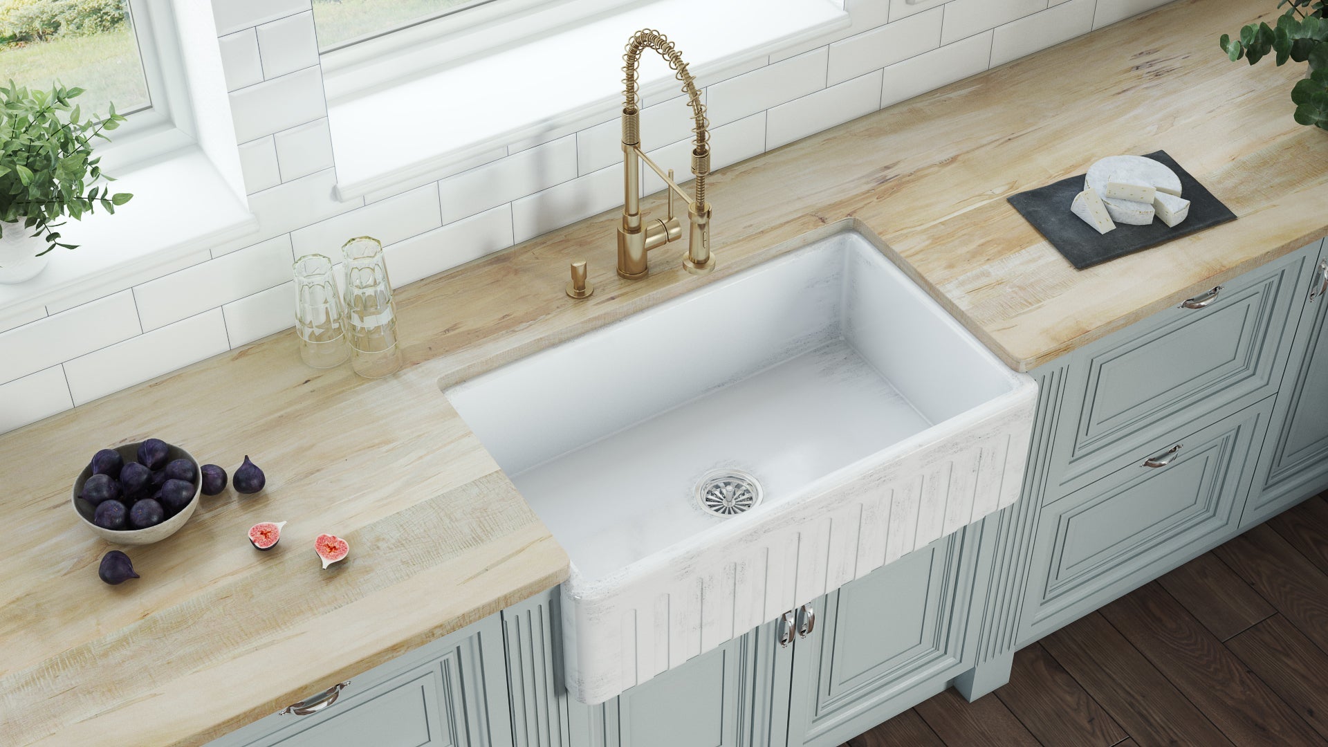 Ruvati 33" Reversible Distressed White Fireclay Farmhouse Apron Front Kitchen Sink
