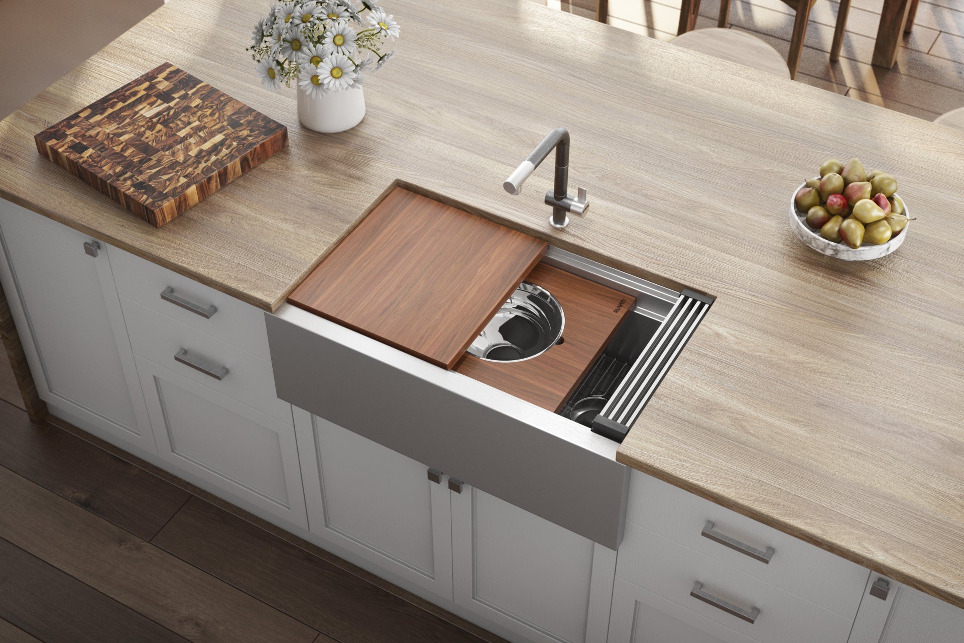 Ruvati 33" Workstation Two Tiered Kitchen Sink Apron Front 16 Gauge Stainless Steel