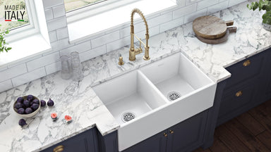 Ruvati 33 x 18 Inch Fireclay Farmhouse Apron-Front Double Bowl Kitchen Sink in White-DirectSinks