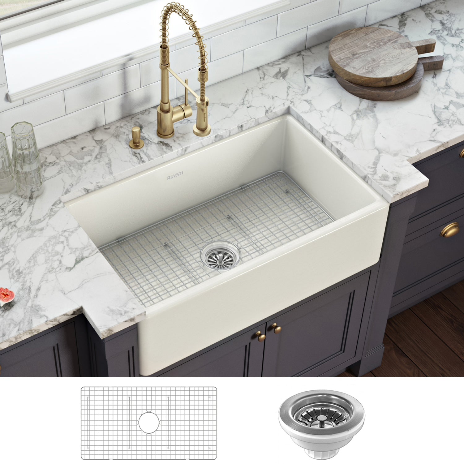 Ruvati 33 x 20" Fireclay Reversible Farmhouse Apron-Front Kitchen Sink Single Bowl