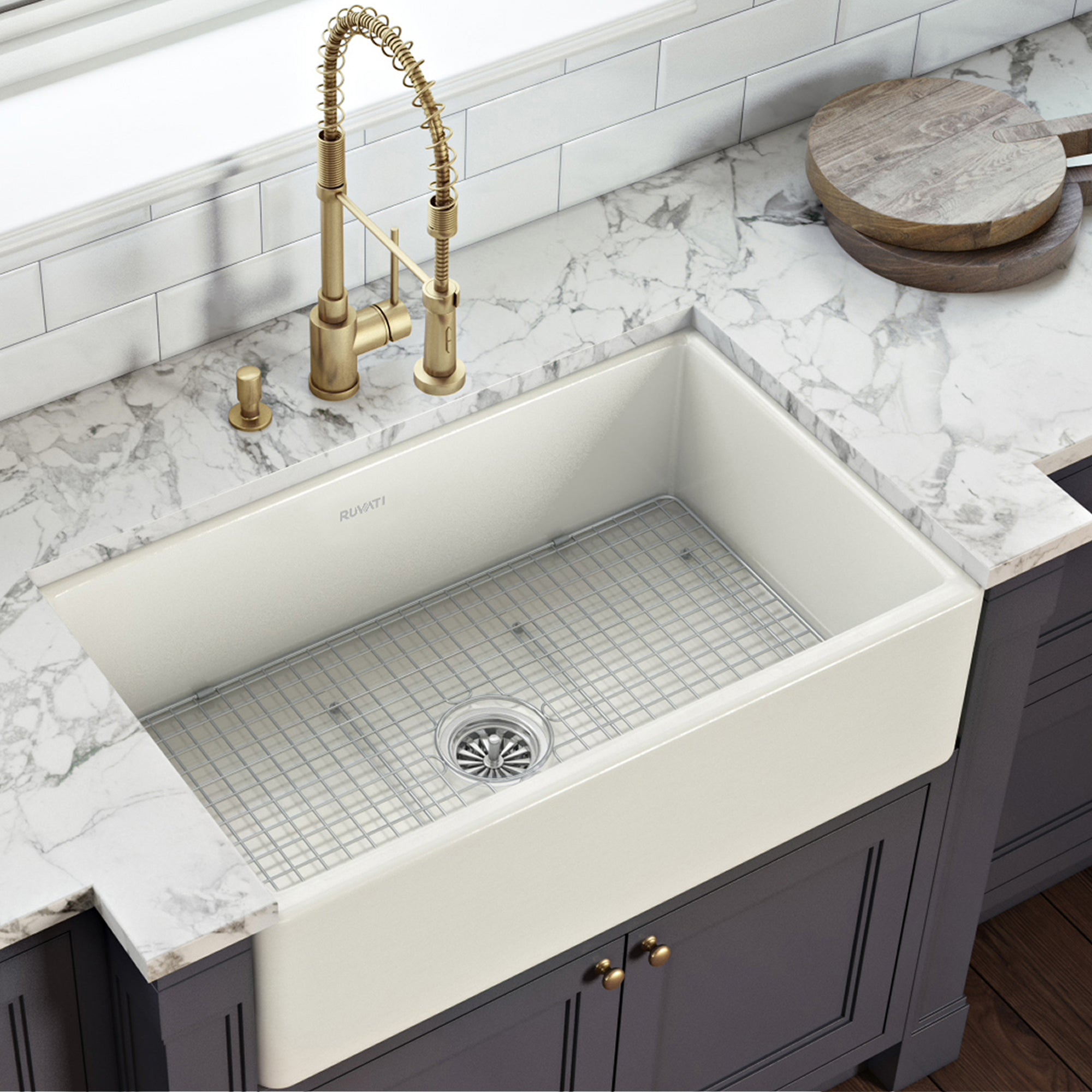Ruvati 33 x 20" Fireclay Reversible Farmhouse Apron-Front Kitchen Sink Single Bowl