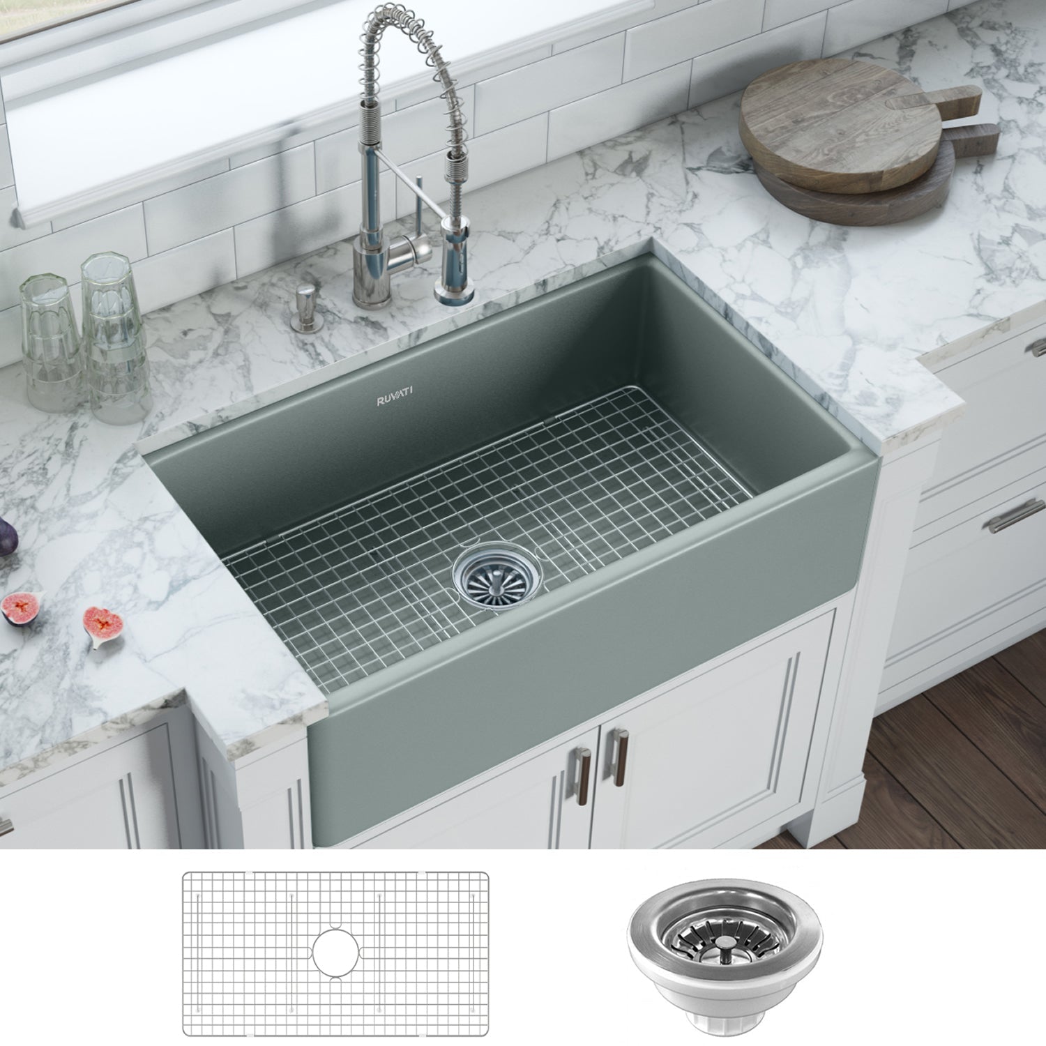 Ruvati 33 x 20" Fireclay Reversible Farmhouse Apron-Front Kitchen Sink Single Bowl