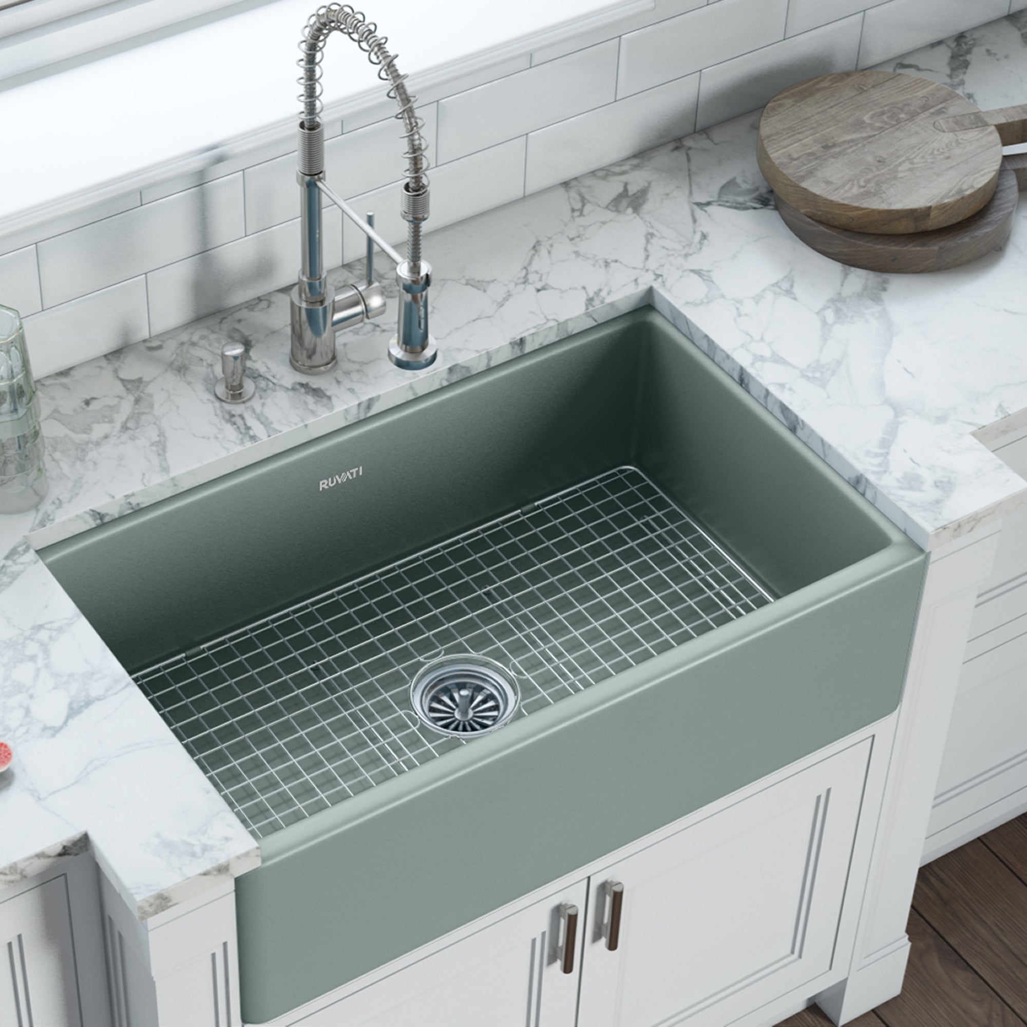 Ruvati 33 x 20" Fireclay Reversible Farmhouse Apron-Front Kitchen Sink Single Bowl