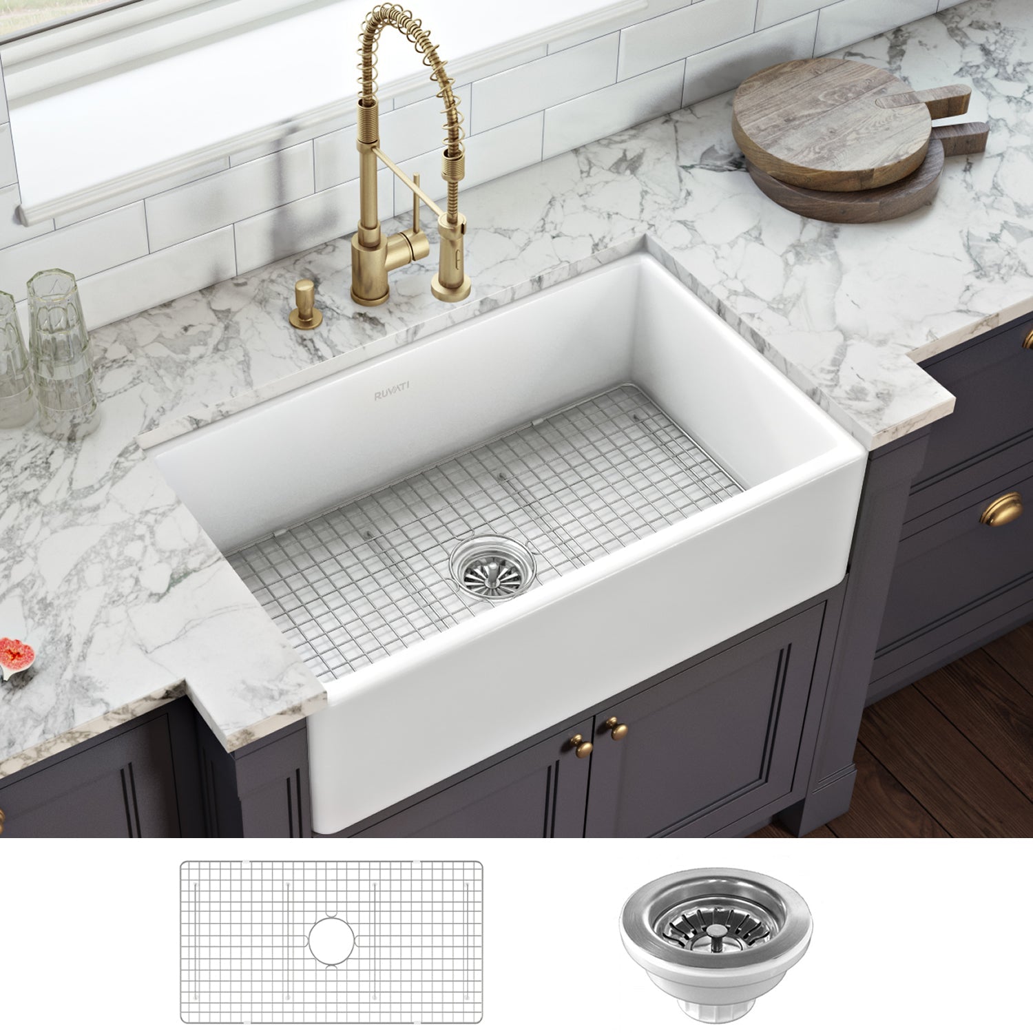 Ruvati 33 x 20" Fireclay Reversible Farmhouse Apron-Front Kitchen Sink Single Bowl