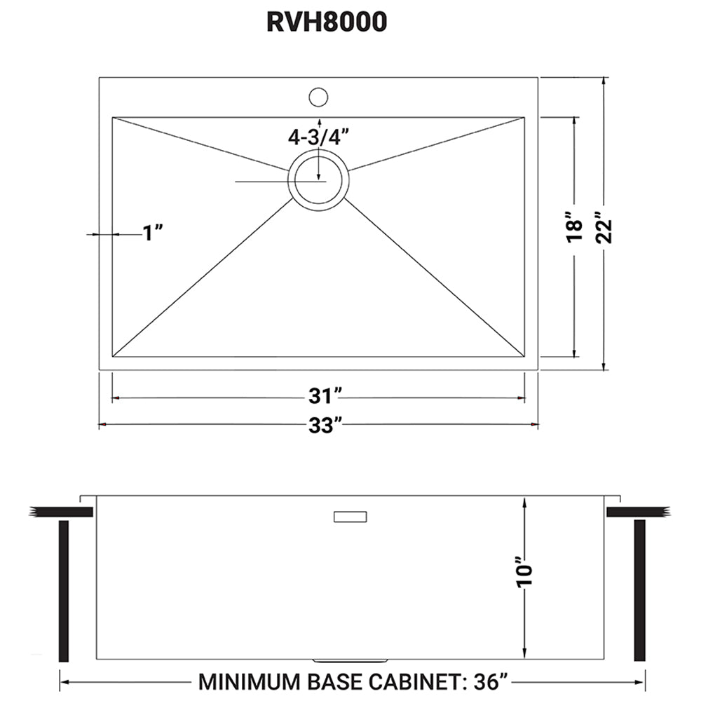 Ruvati 33" x 21" Drop-in Topmount 16 Gauge Zero Radius Stainless Steel Single Bowl Kitchen Sink