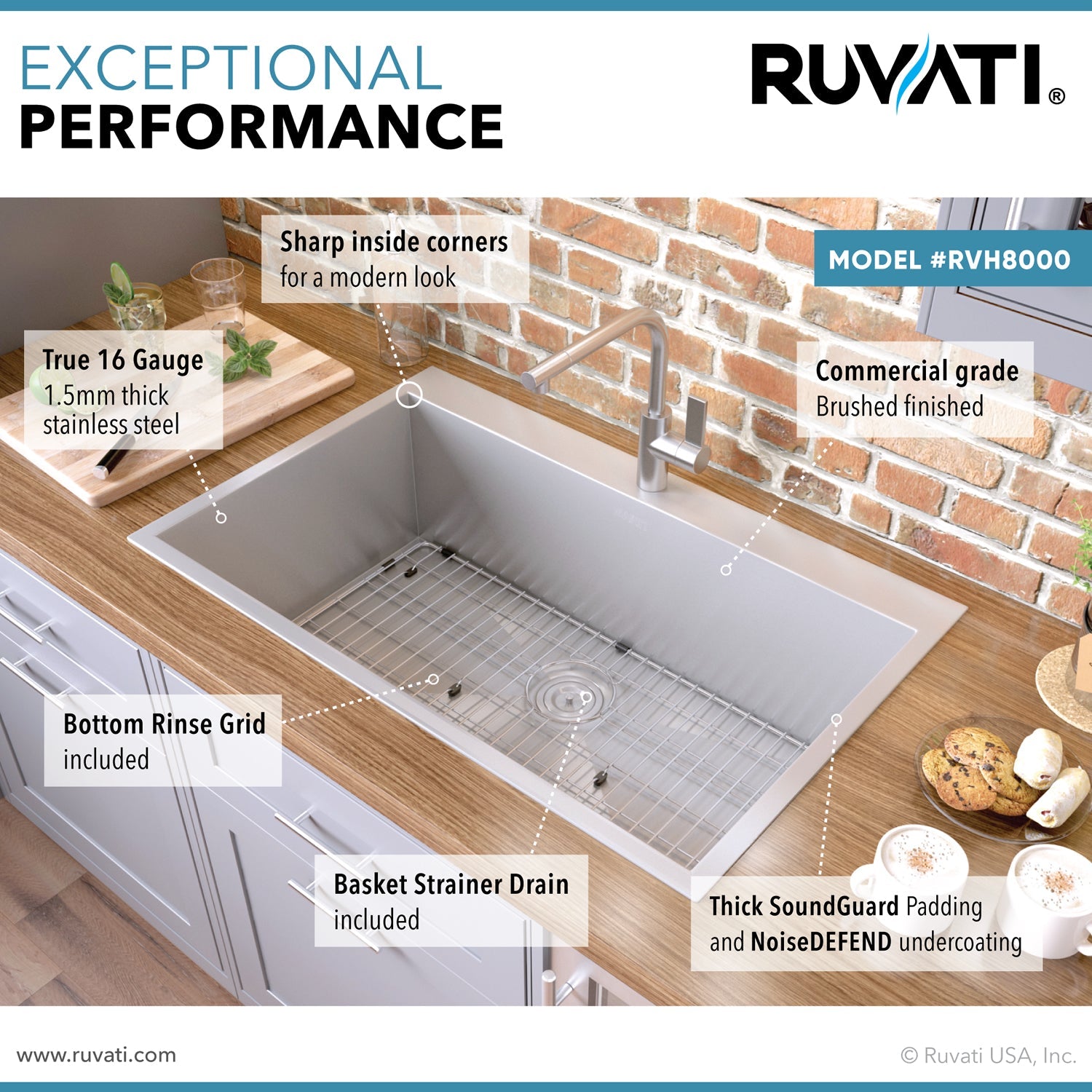 Ruvati 33" x 21" Drop-in Topmount 16 Gauge Zero Radius Stainless Steel Single Bowl Kitchen Sink