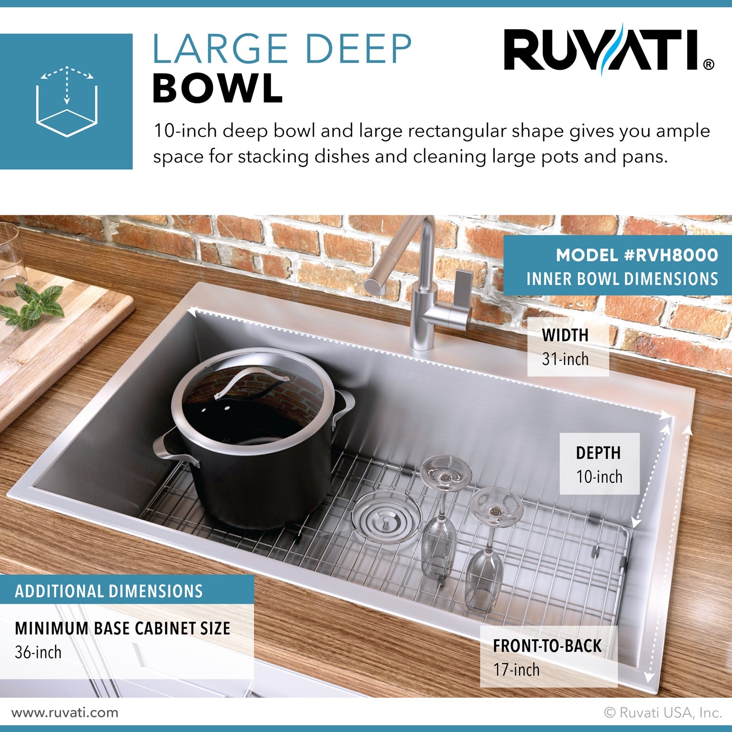 Ruvati 33" x 21" Drop-in Topmount 16 Gauge Zero Radius Stainless Steel Single Bowl Kitchen Sink