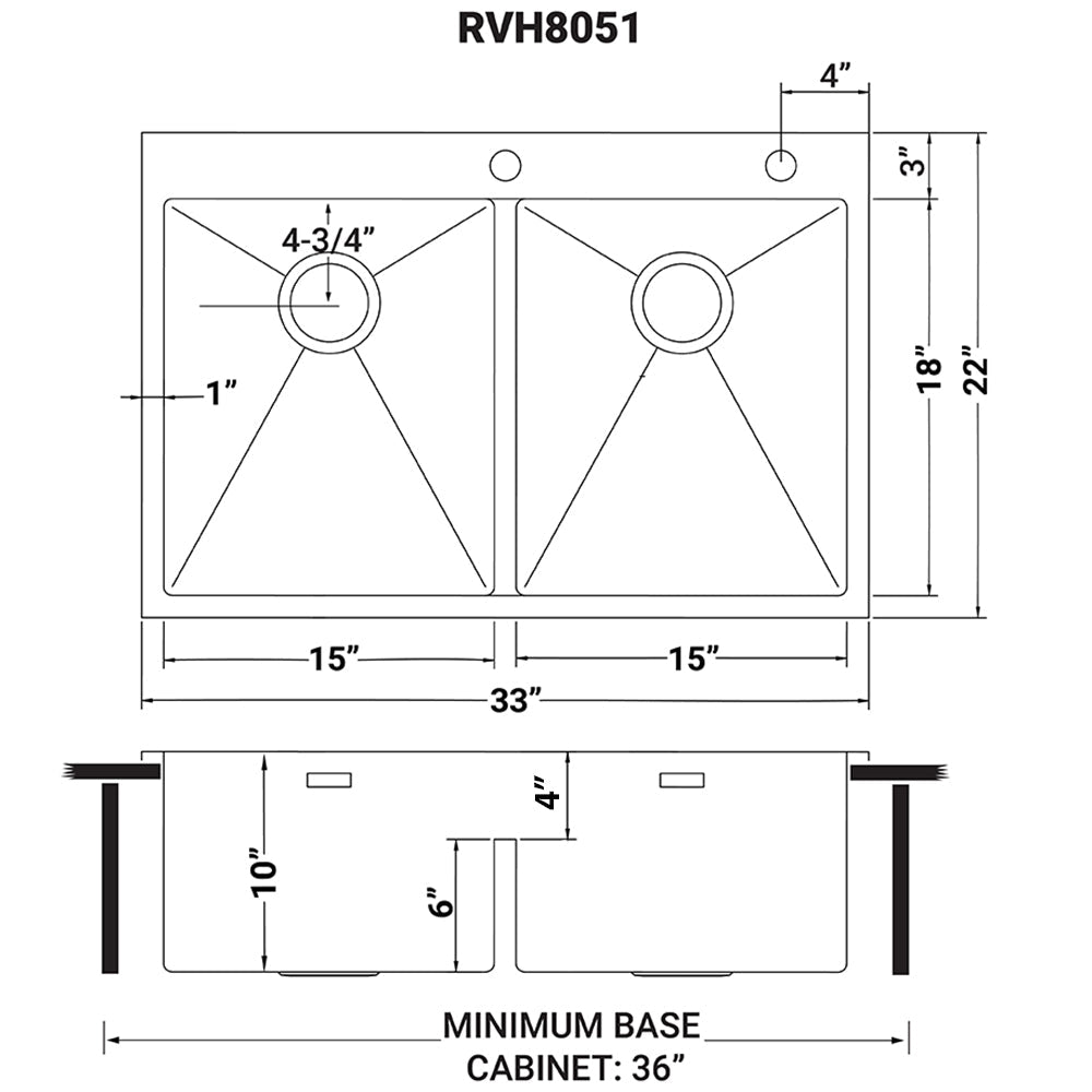 Ruvati 33 x 22" Drop-in 50/50 Double Bowl Tight Radius 16 Gauge Topmount Stainless Steel Kitchen Sink