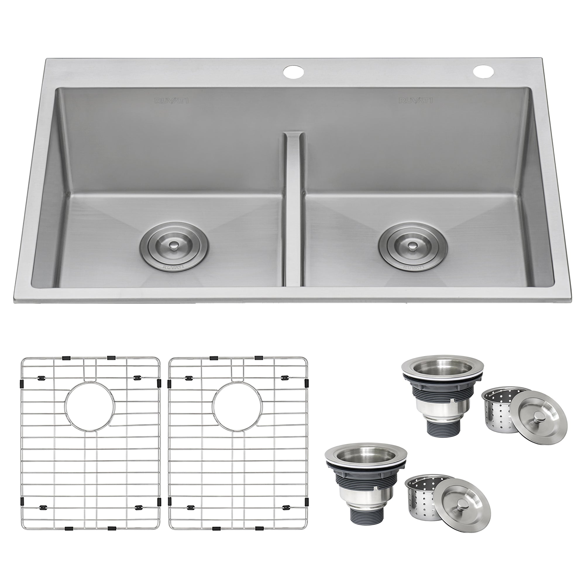 Ruvati 33 x 22" Drop-in 50/50 Double Bowl Tight Radius 16 Gauge Topmount Stainless Steel Kitchen Sink