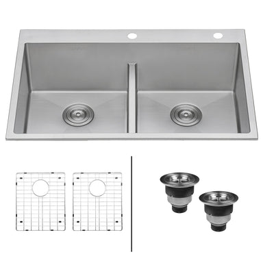 Ruvati 33" x 22" 50/50 Double Bowl Small Radius 16 Gauge Topmount Stainless Steel Kitchen Sink RVH8051