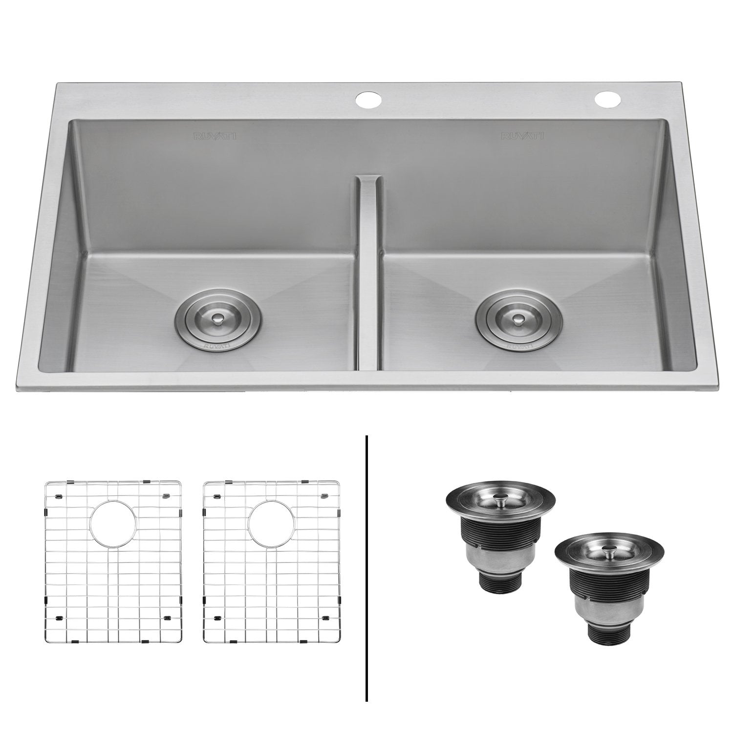 Ruvati 33 x 22" Drop-in 50/50 Double Bowl Tight Radius 16 Gauge Topmount Stainless Steel Kitchen Sink