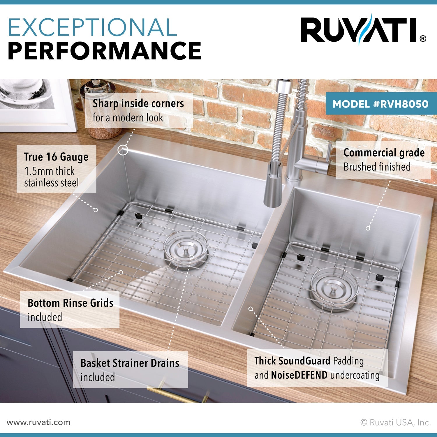 Ruvati 33 x 22" Drop-in 60/40 Double Bowl 16 Gauge Zero Radius Topmount Stainless Steel Kitchen Sink