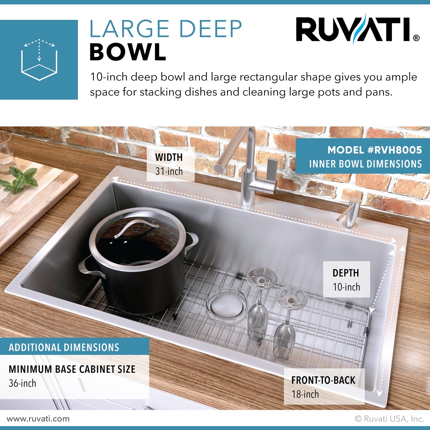 Ruvati 33 x 22" Drop-in Tight Radius 16 Gauge Stainless Steel Topmount Single Bowl Kitchen Sink