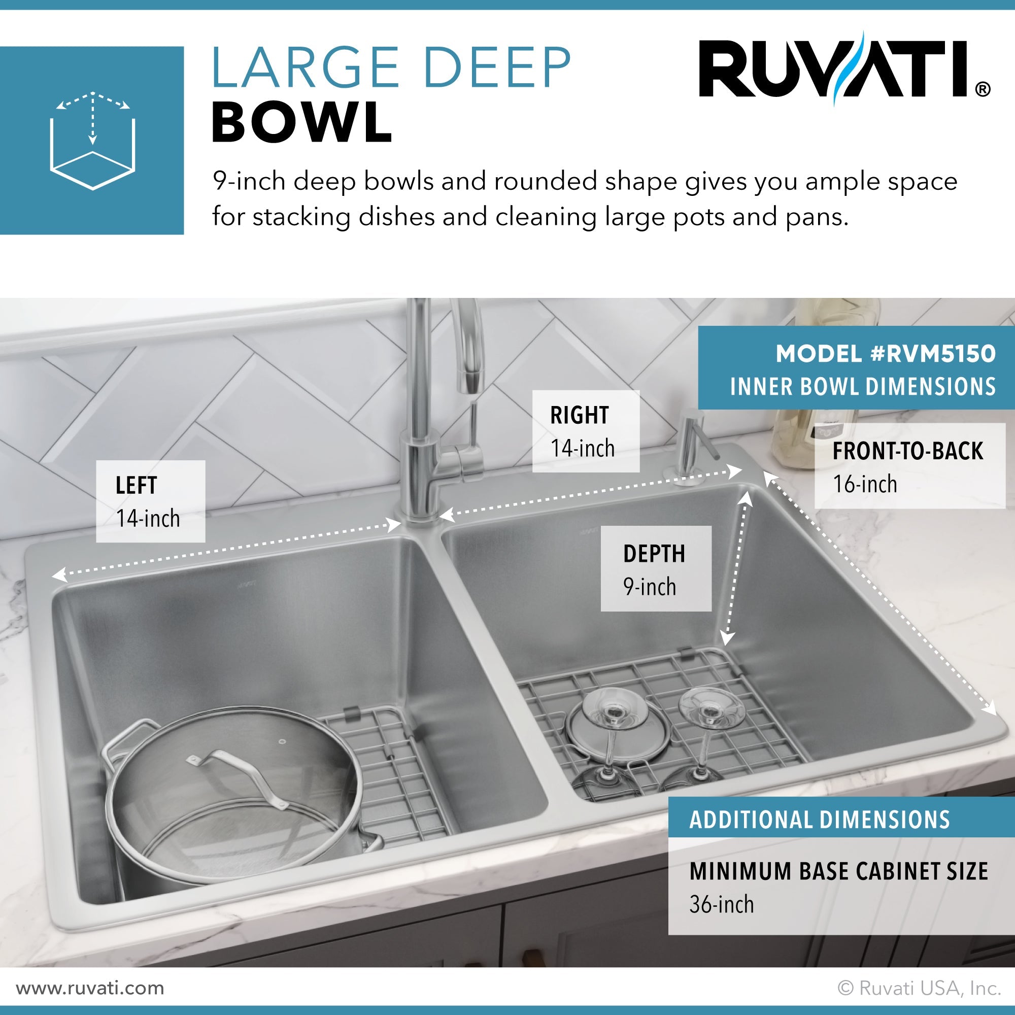 Ruvati 33" x 22" Topmount 50/50 Double Bowl 16 Gauge Stainless Steel Kitchen Sink