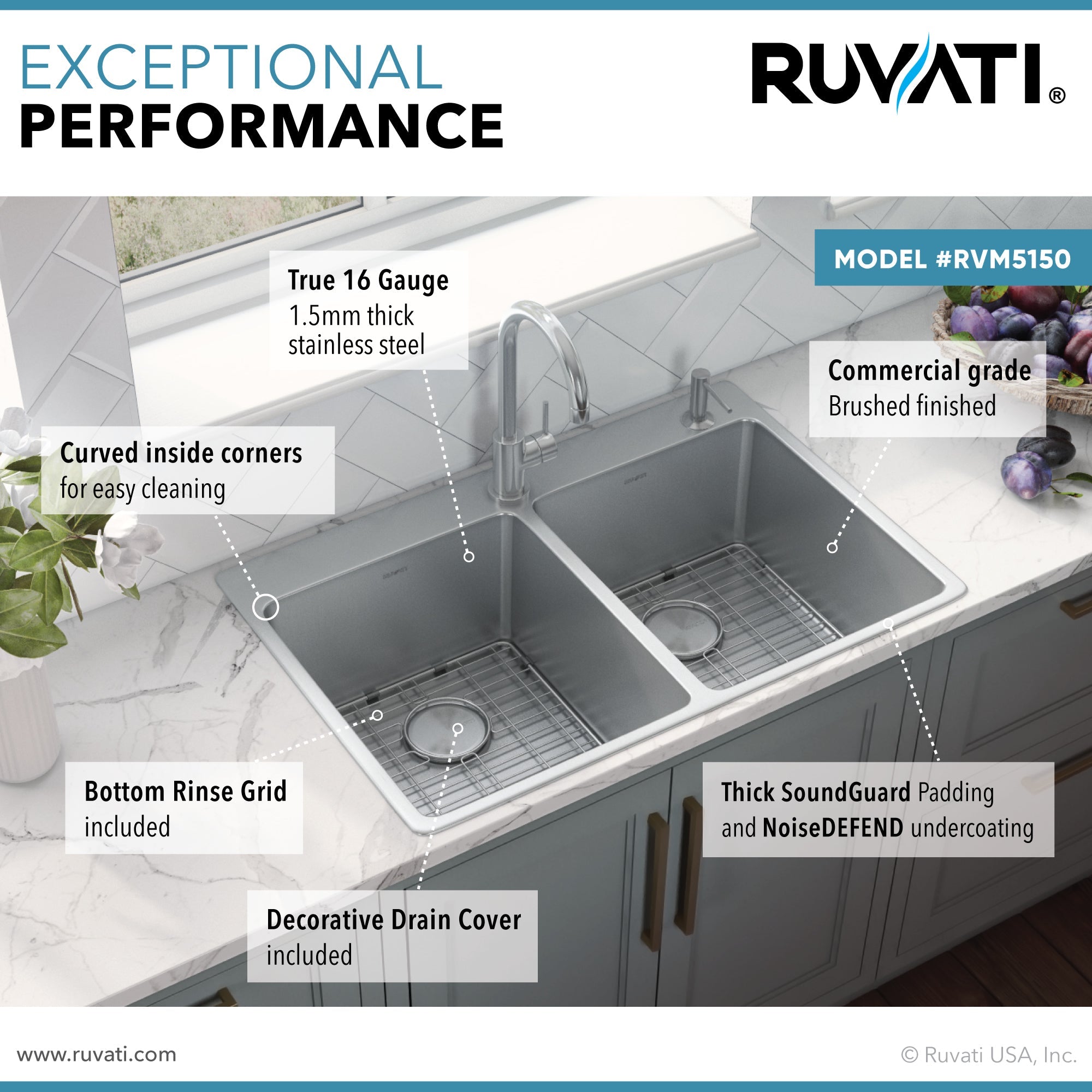 Ruvati 33" x 22" Topmount 50/50 Double Bowl 16 Gauge Stainless Steel Kitchen Sink