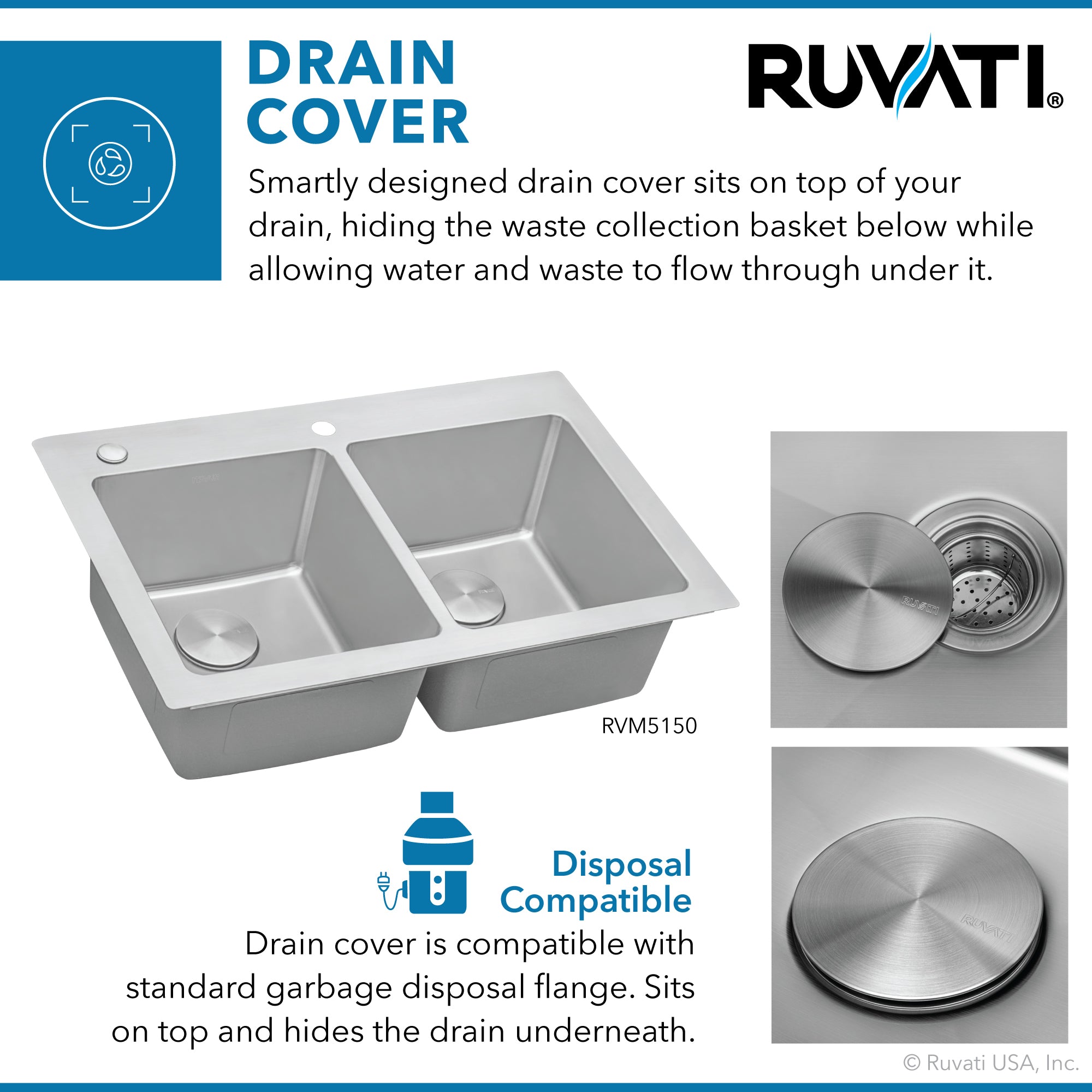 Ruvati 33" x 22" Topmount 50/50 Double Bowl 16 Gauge Stainless Steel Kitchen Sink