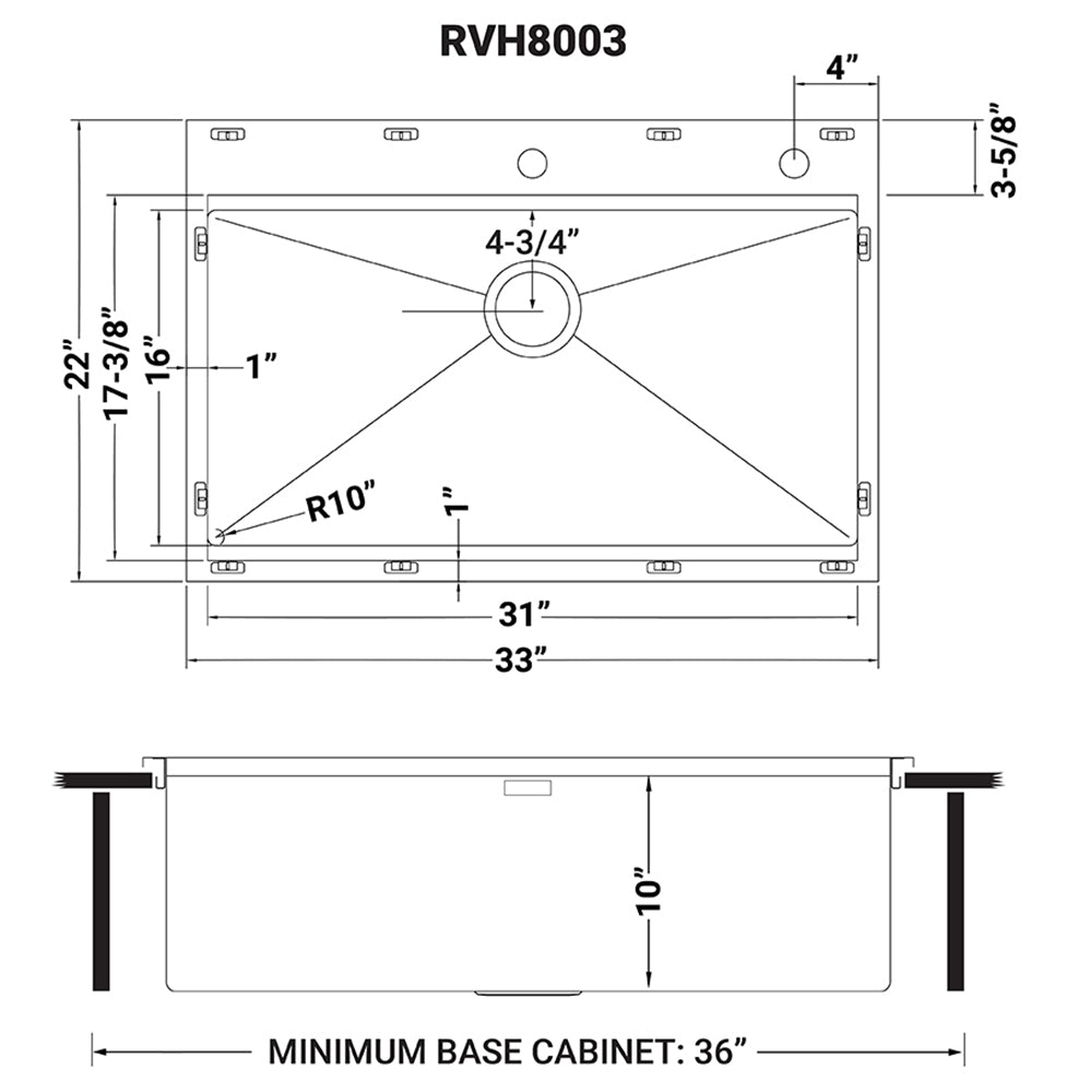 Ruvati 33 x 22" Workstation Ledge Drop-in Tight Radius 16 Gauge Stainless Steel Single Bowl Kitchen Sink
