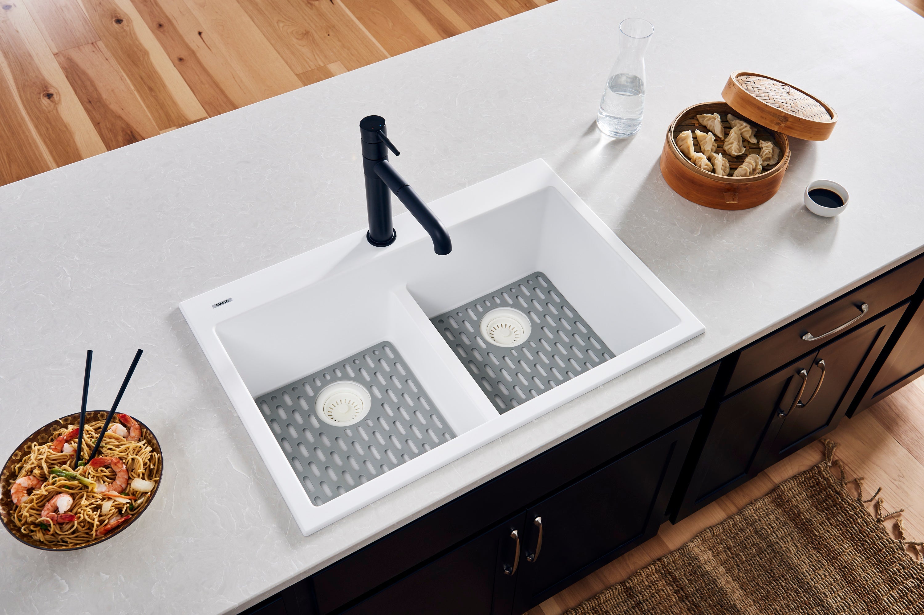 Ruvati 33 x 22" epiGranite Drop-in Topmount Granite Composite Double Bowl Low Divide Kitchen Sink