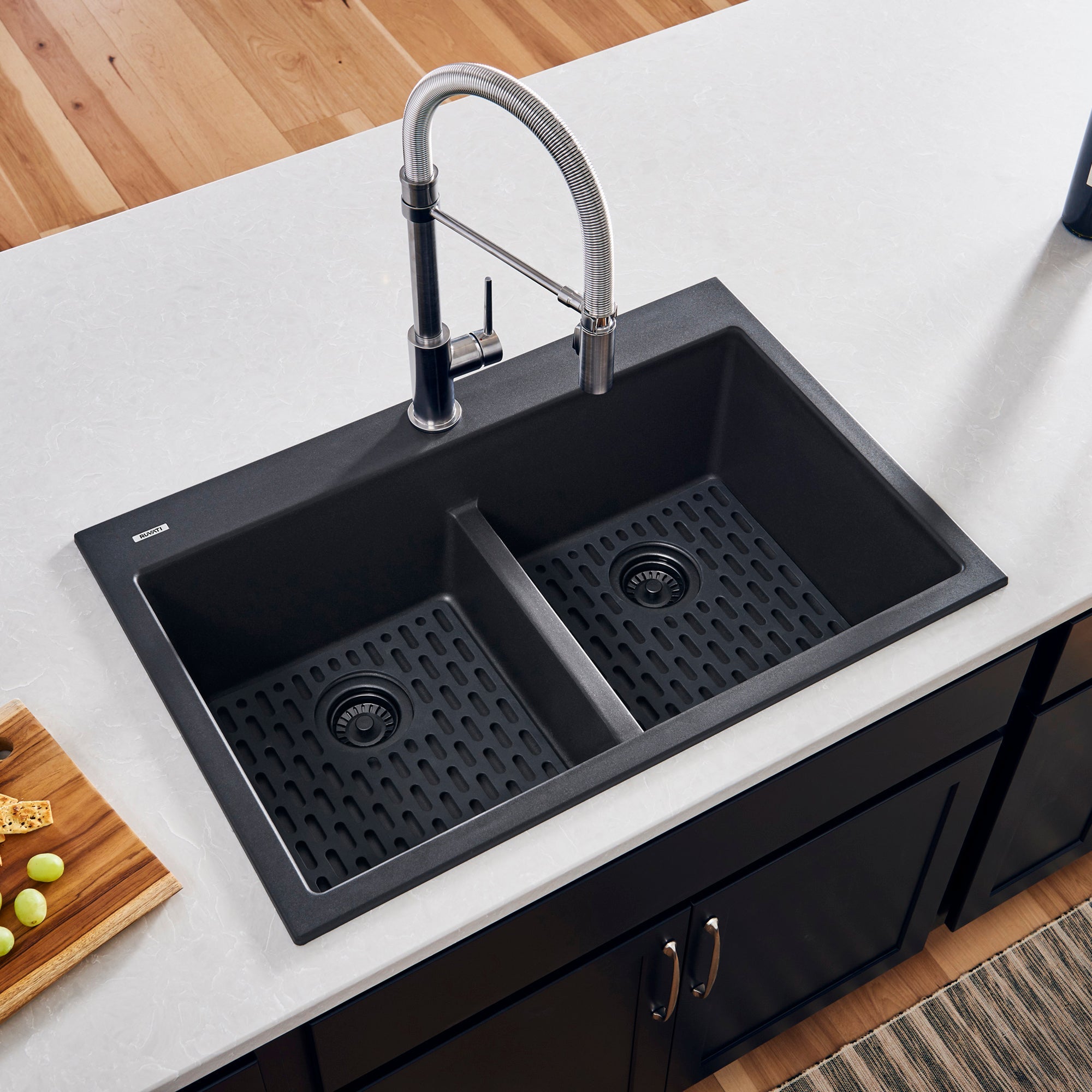 Ruvati 33 x 22" epiGranite Drop-in Topmount Granite Composite Double Bowl Low Divide Kitchen Sink