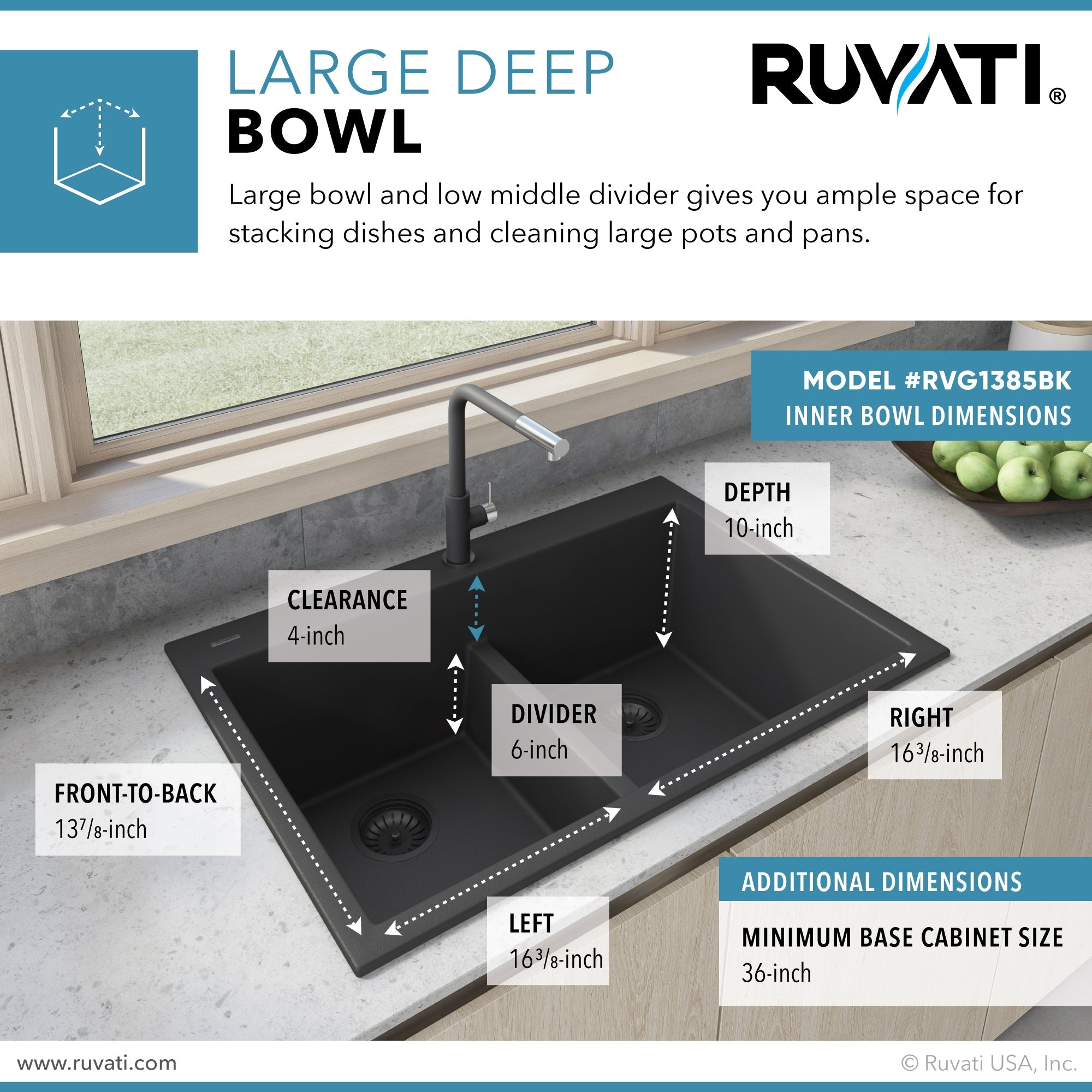 Ruvati 33 x 22" epiGranite Drop-in Topmount Granite Composite Double Bowl Low Divide Kitchen Sink