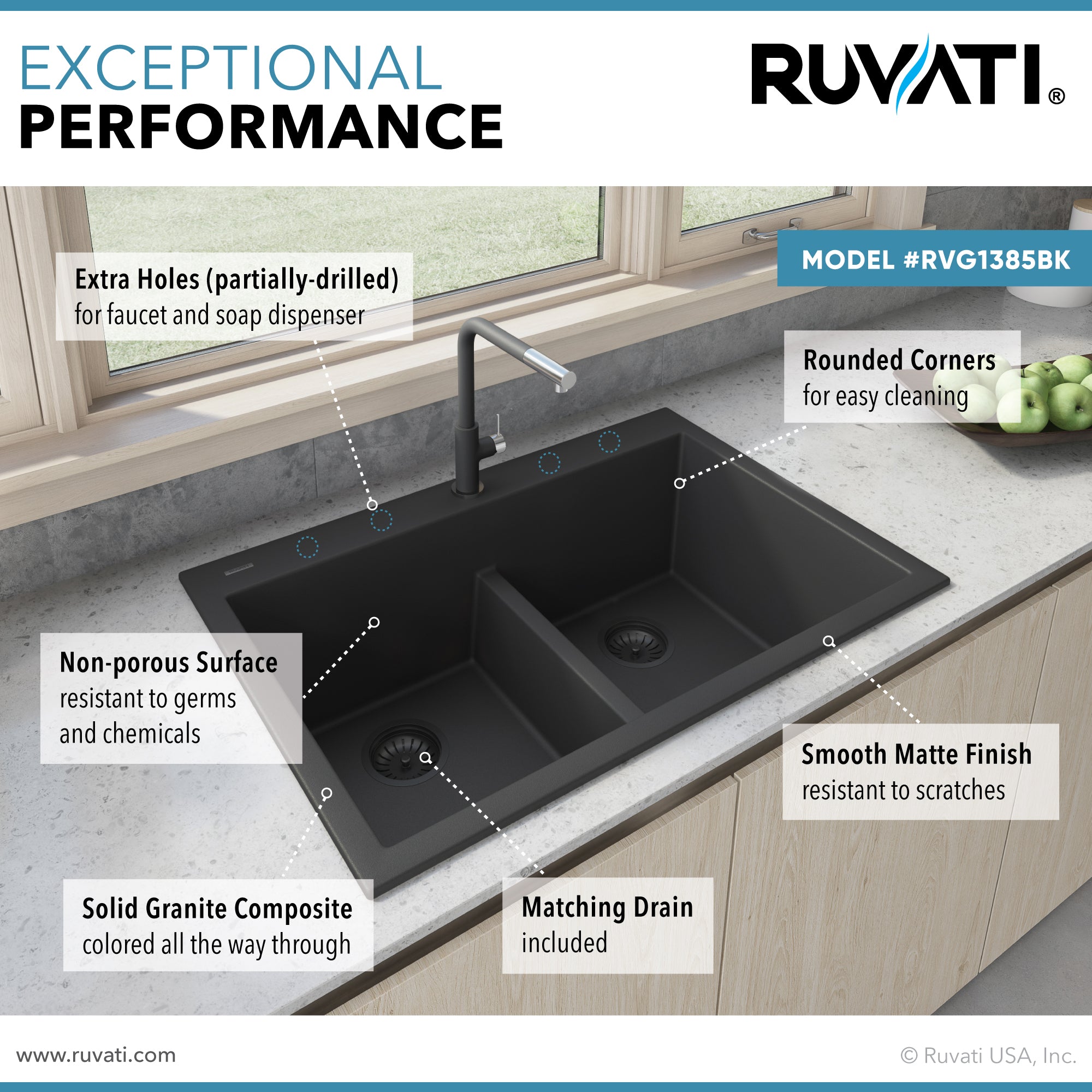 Ruvati 33 x 22" epiGranite Drop-in Topmount Granite Composite Double Bowl Low Divide Kitchen Sink