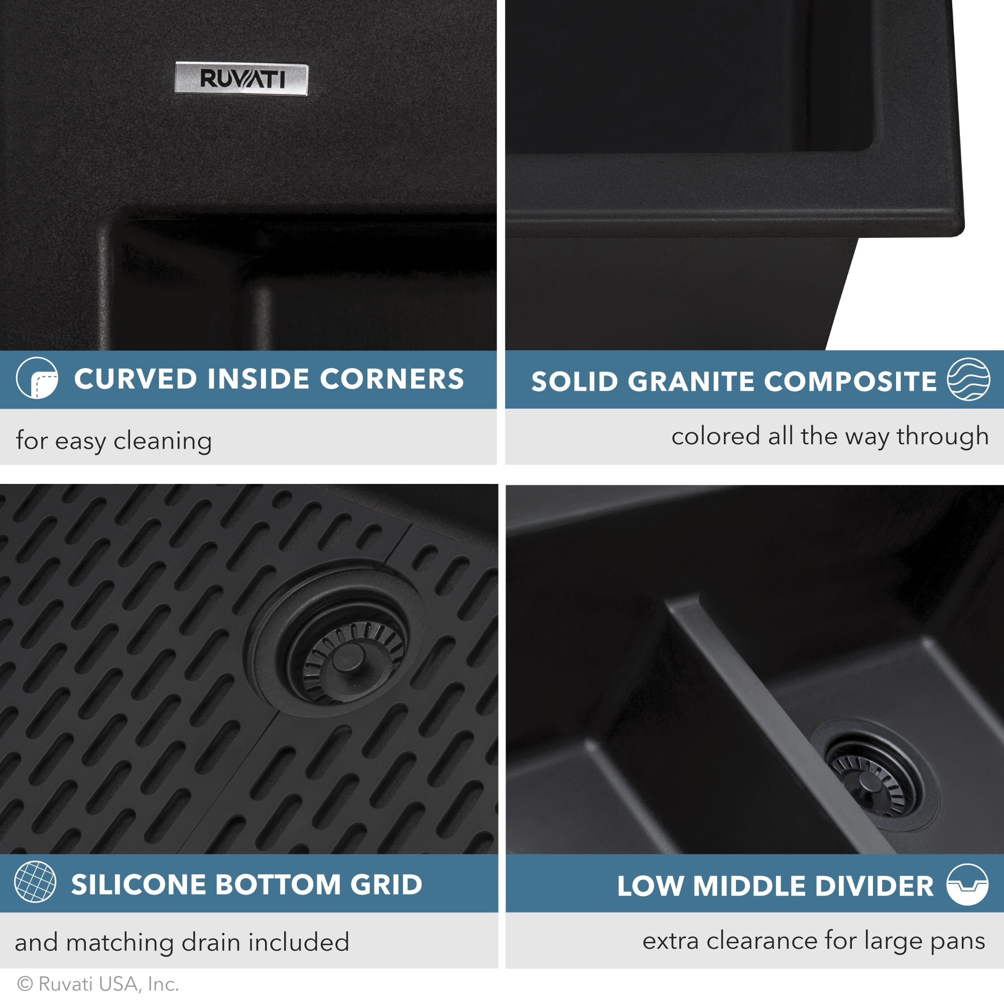 Ruvati 33 x 22" epiGranite Drop-in Topmount Granite Composite Double Bowl Low Divide Kitchen Sink