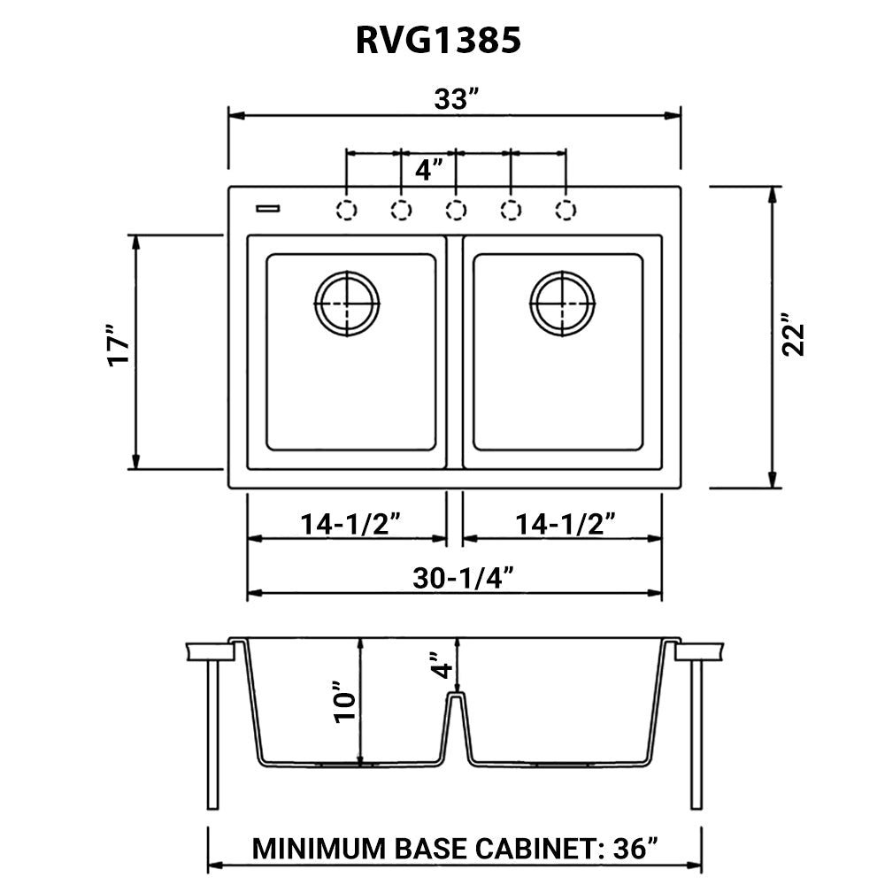 Ruvati 33 x 22" epiGranite Drop-in Topmount Granite Composite Double Bowl Low Divide Kitchen Sink