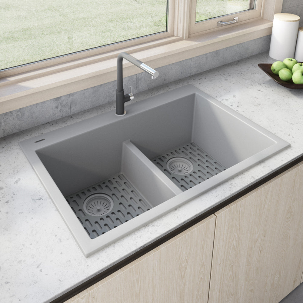 Ruvati 33 x 22" epiGranite Drop-in Topmount Granite Composite Double Bowl Low Divide Kitchen Sink