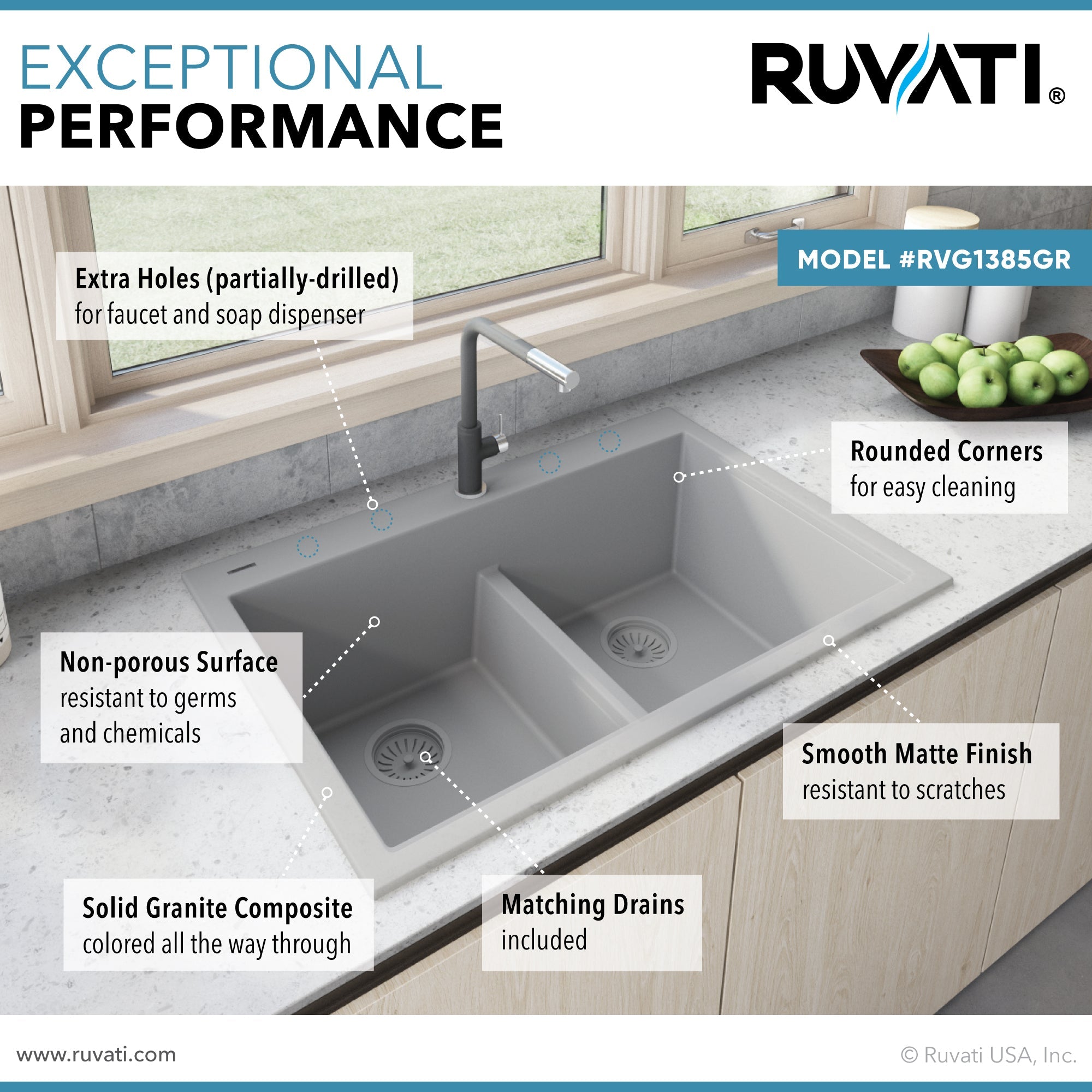 Ruvati 33 x 22" epiGranite Drop-in Topmount Granite Composite Double Bowl Low Divide Kitchen Sink