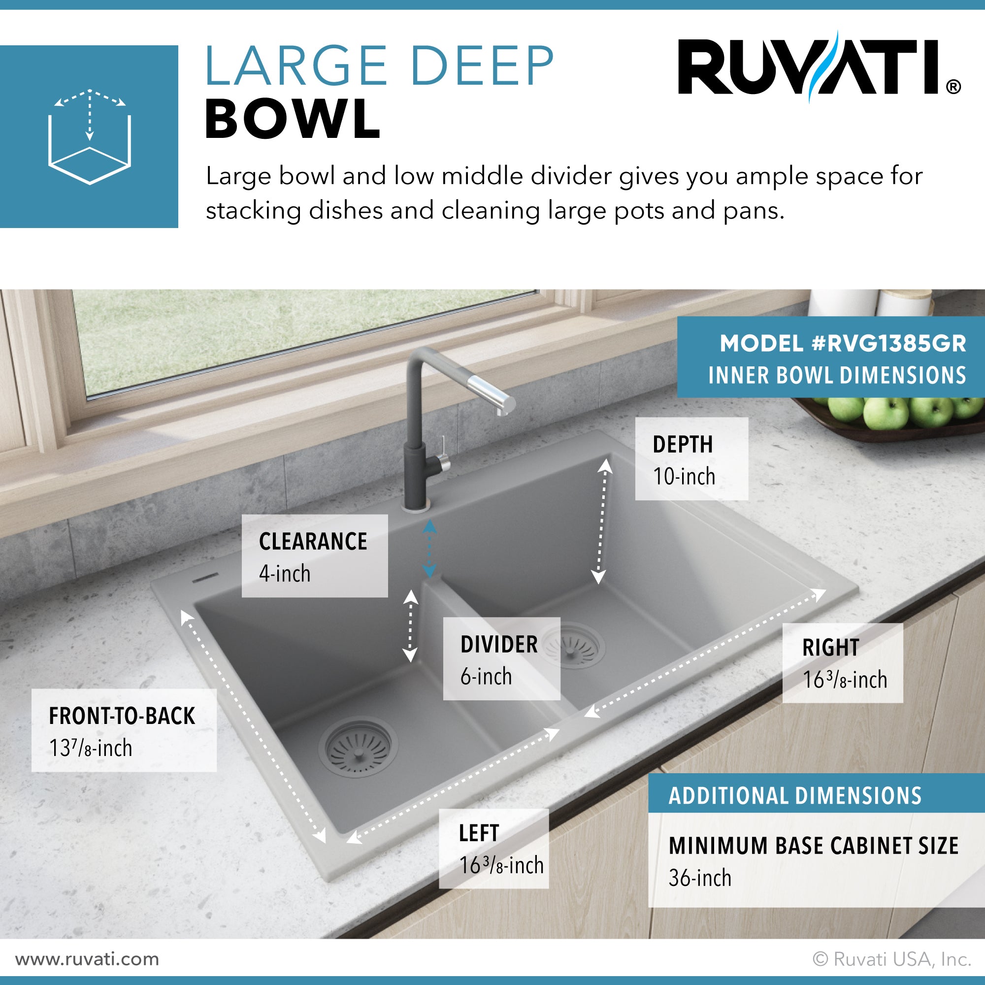 Ruvati 33 x 22" epiGranite Drop-in Topmount Granite Composite Double Bowl Low Divide Kitchen Sink
