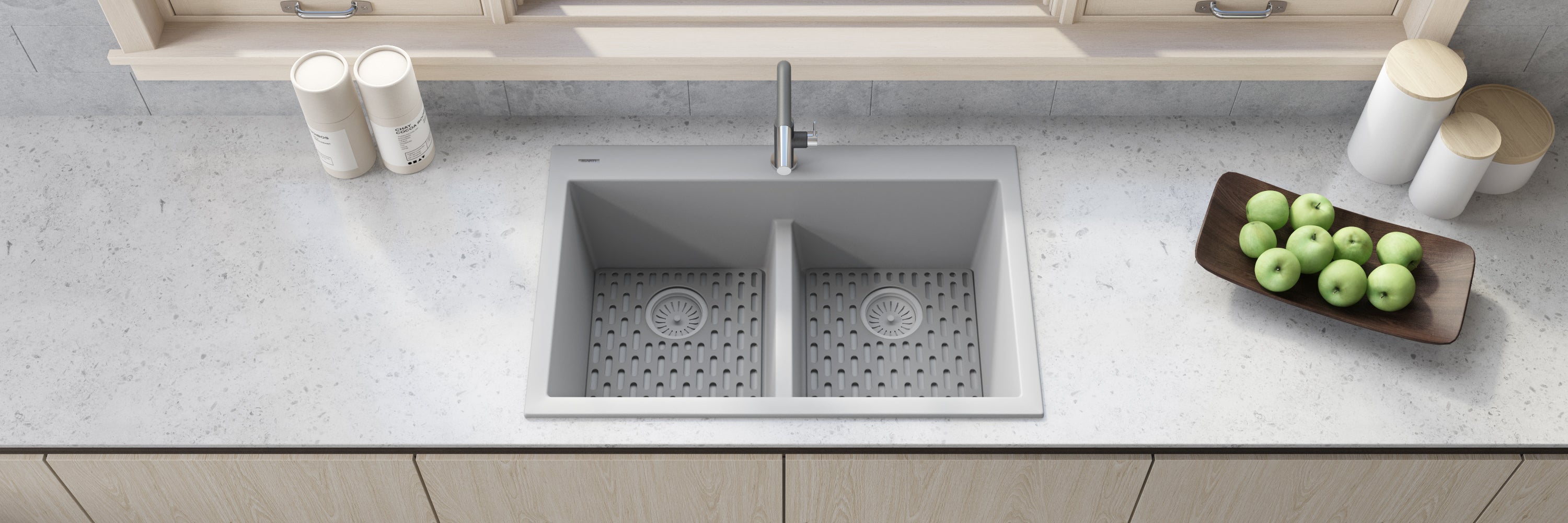 Ruvati 33 x 22" epiGranite Drop-in Topmount Granite Composite Double Bowl Low Divide Kitchen Sink