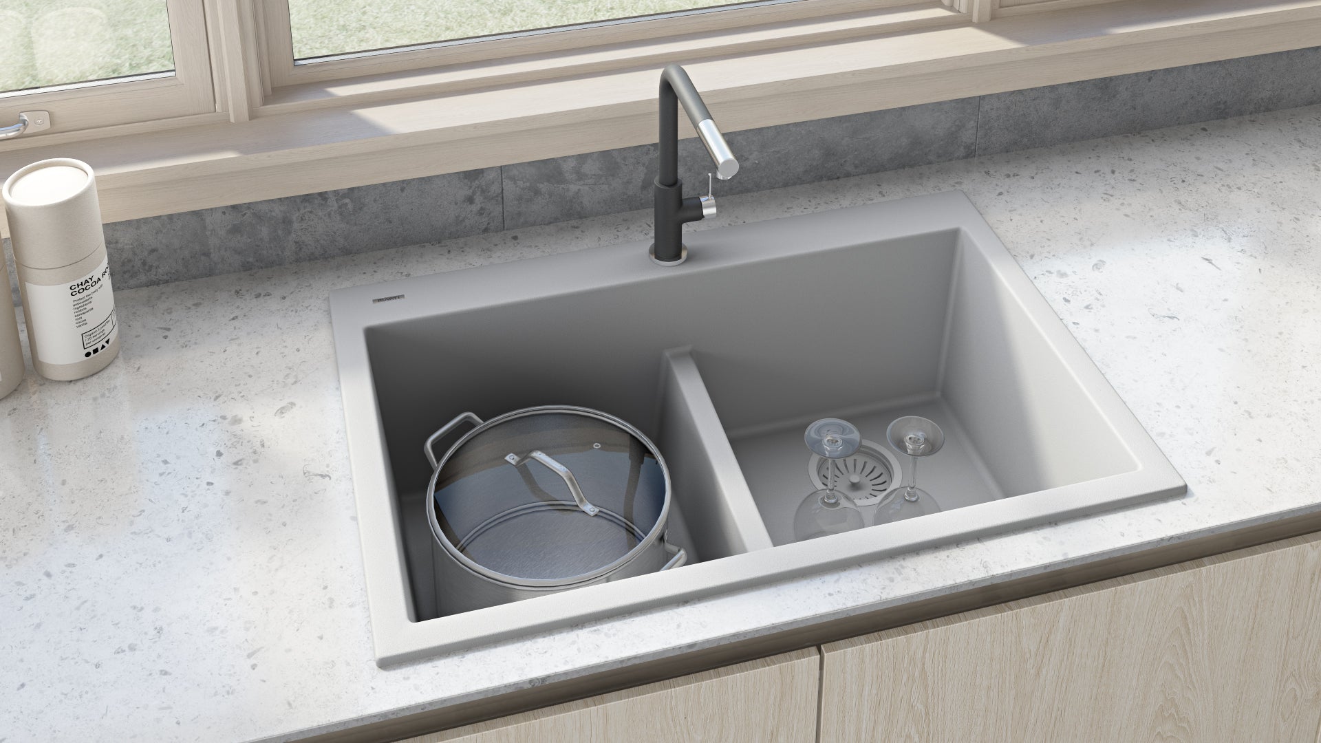 Ruvati 33 x 22" epiGranite Drop-in Topmount Granite Composite Double Bowl Low Divide Kitchen Sink