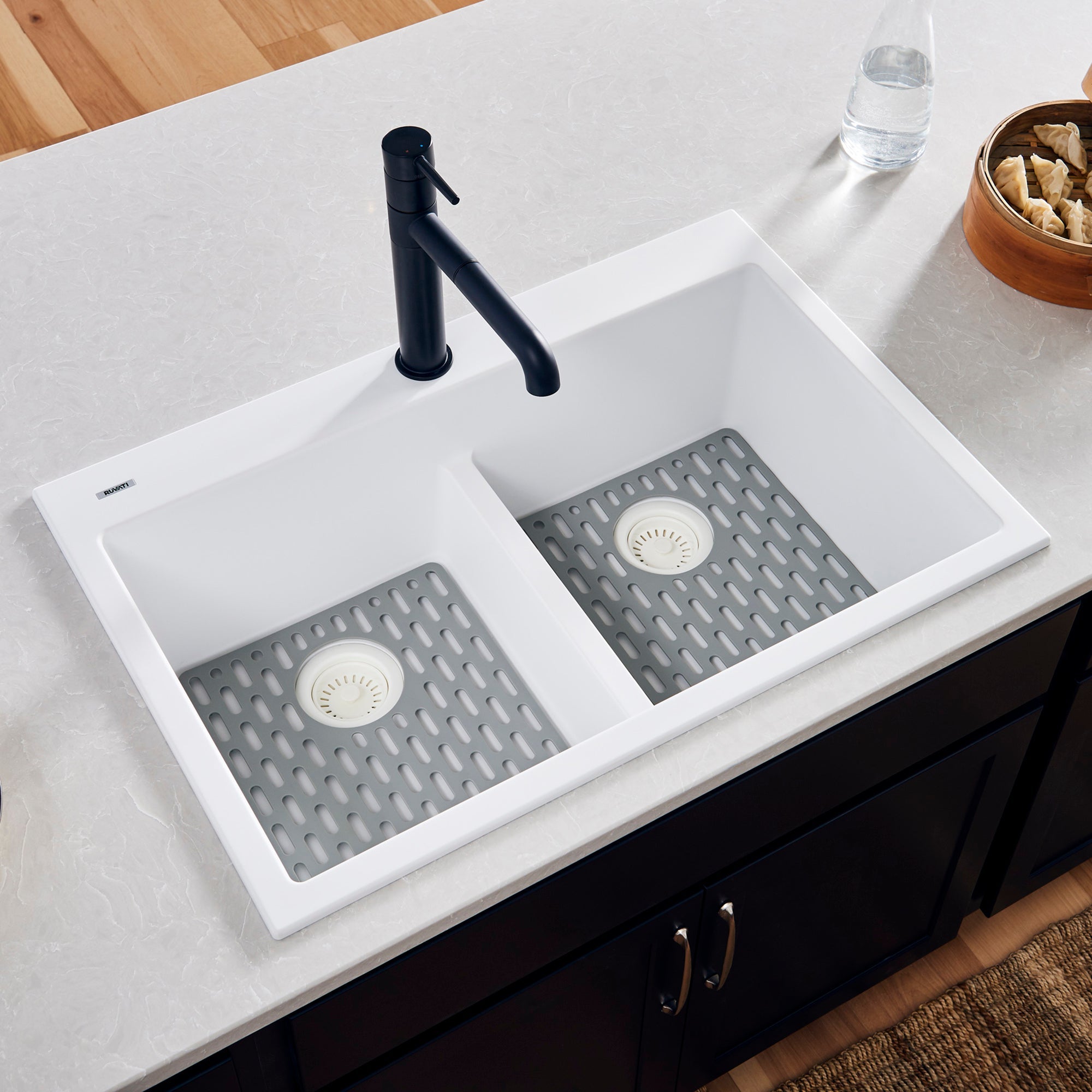Ruvati 33 x 22" epiGranite Drop-in Topmount Granite Composite Double Bowl Low Divide Kitchen Sink