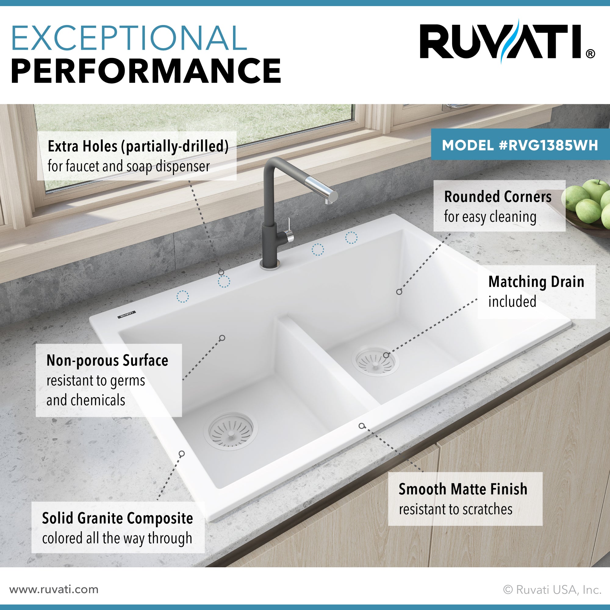 Ruvati 33 x 22" epiGranite Drop-in Topmount Granite Composite Double Bowl Low Divide Kitchen Sink