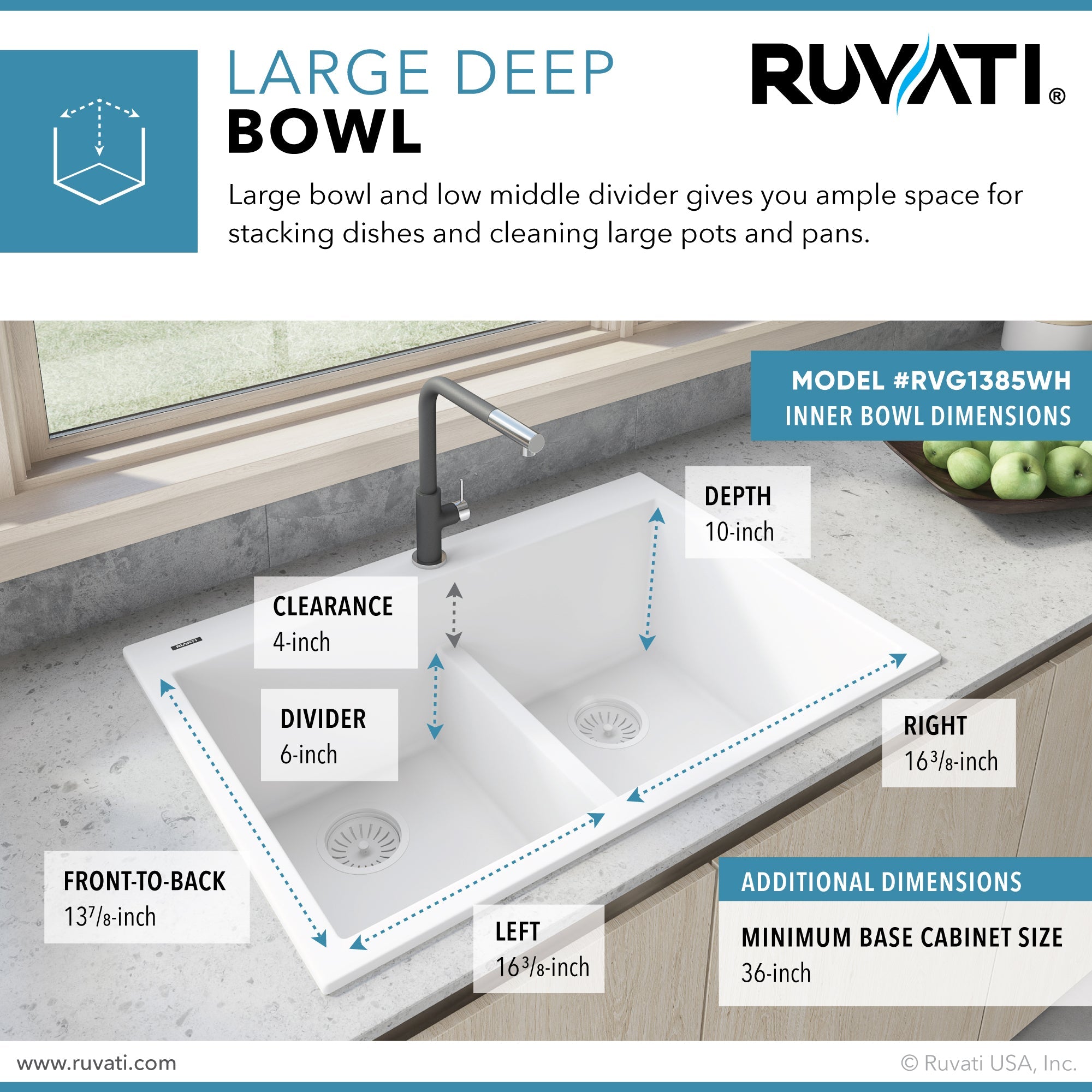 Ruvati 33 x 22" epiGranite Drop-in Topmount Granite Composite Double Bowl Low Divide Kitchen Sink