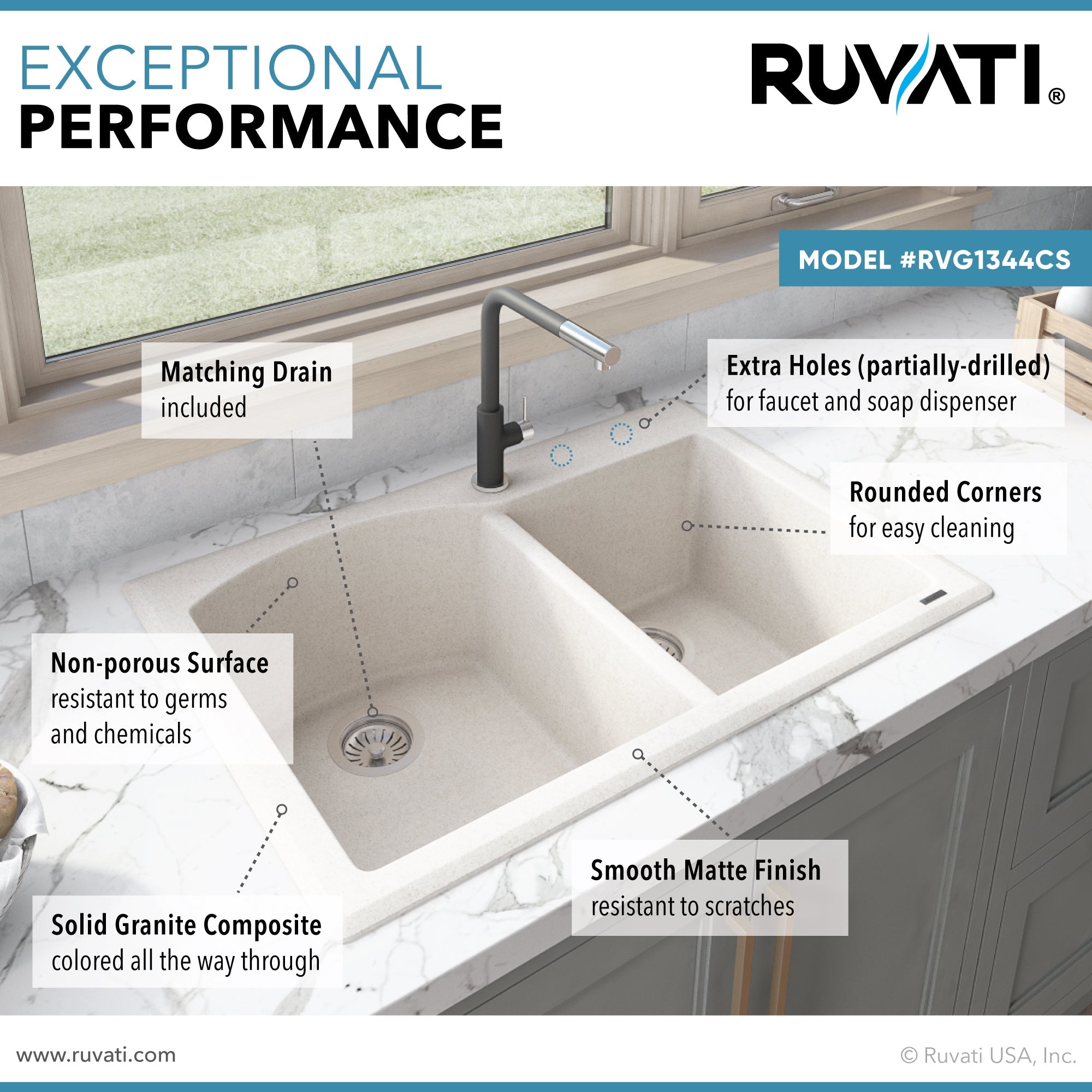 Ruvati 33 x 22" epiGranite Dual-Mount Double Bowl Granite Composite Kitchen Sink