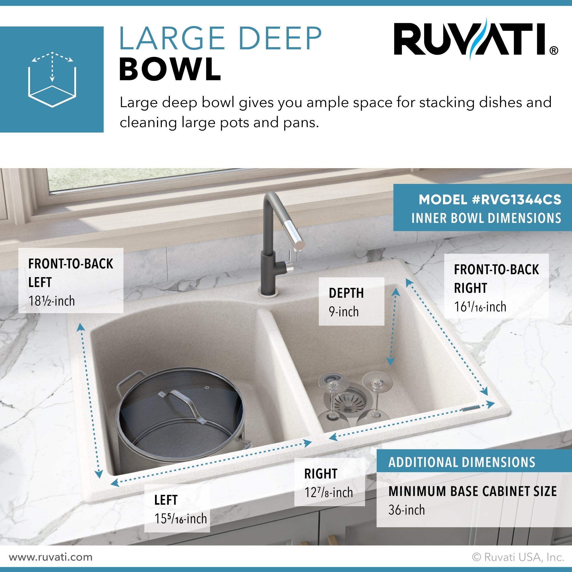 Ruvati 33 x 22" epiGranite Dual-Mount Double Bowl Granite Composite Kitchen Sink
