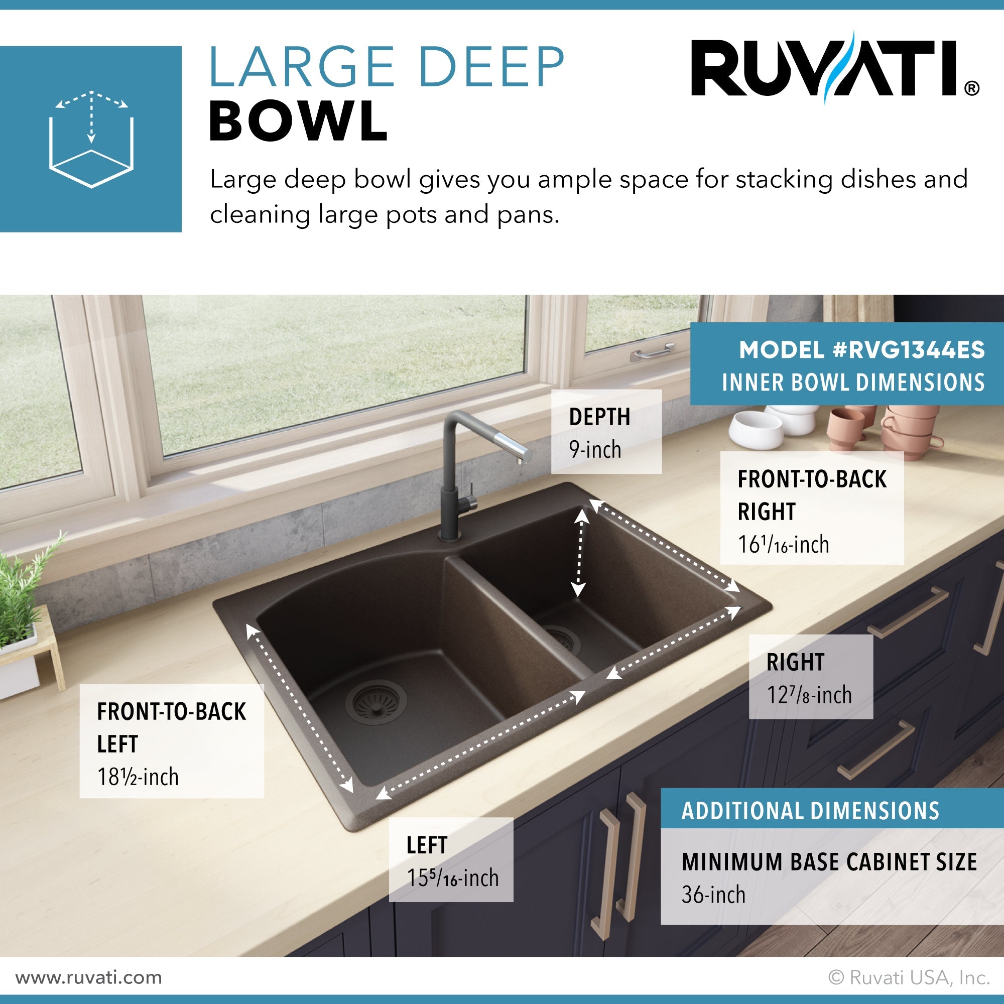 Ruvati 33 x 22" epiGranite Dual-Mount Double Bowl Granite Composite Kitchen Sink