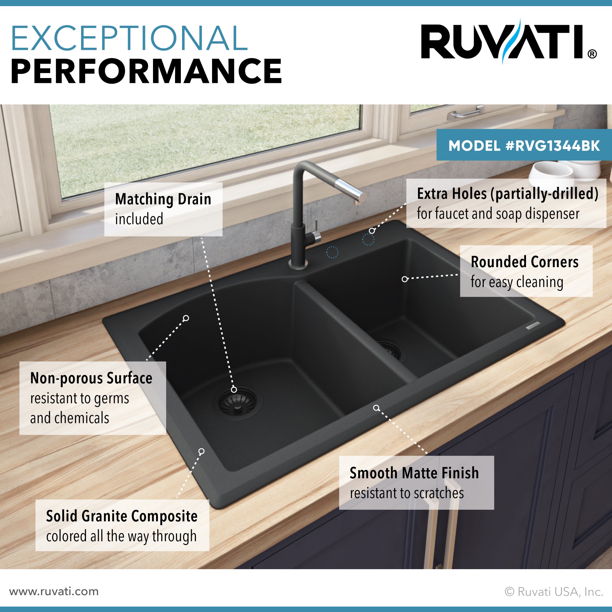 Ruvati 33 x 22" epiGranite Dual-Mount Double Bowl Granite Composite Kitchen Sink