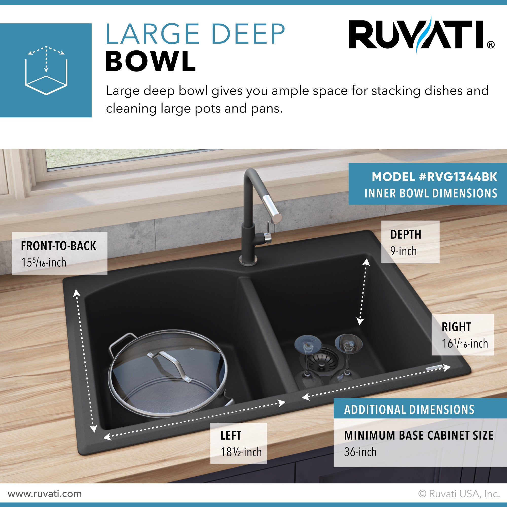 Ruvati 33 x 22" epiGranite Dual-Mount Double Bowl Granite Composite Kitchen Sink