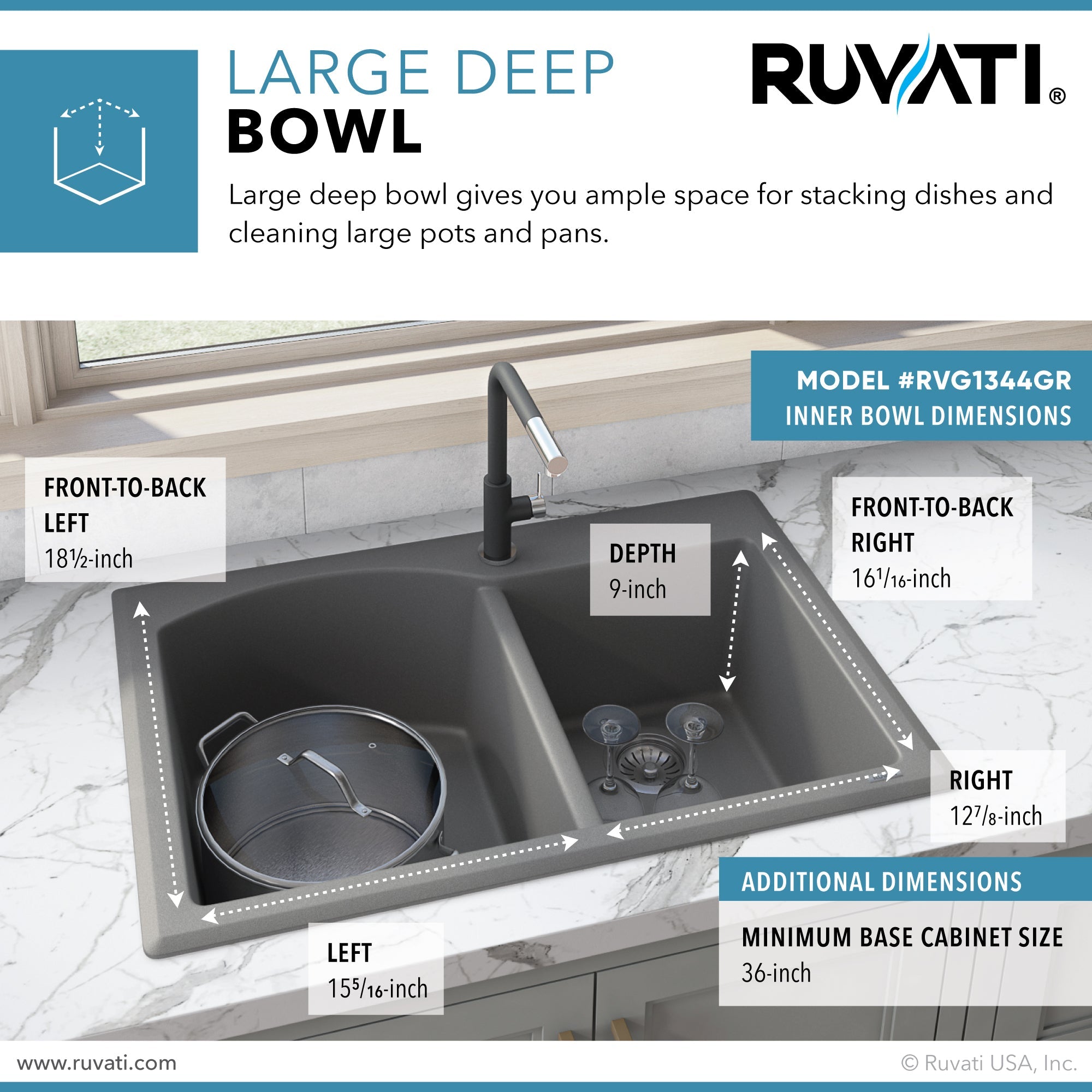 Ruvati 33 x 22" epiGranite Dual-Mount Double Bowl Granite Composite Kitchen Sink