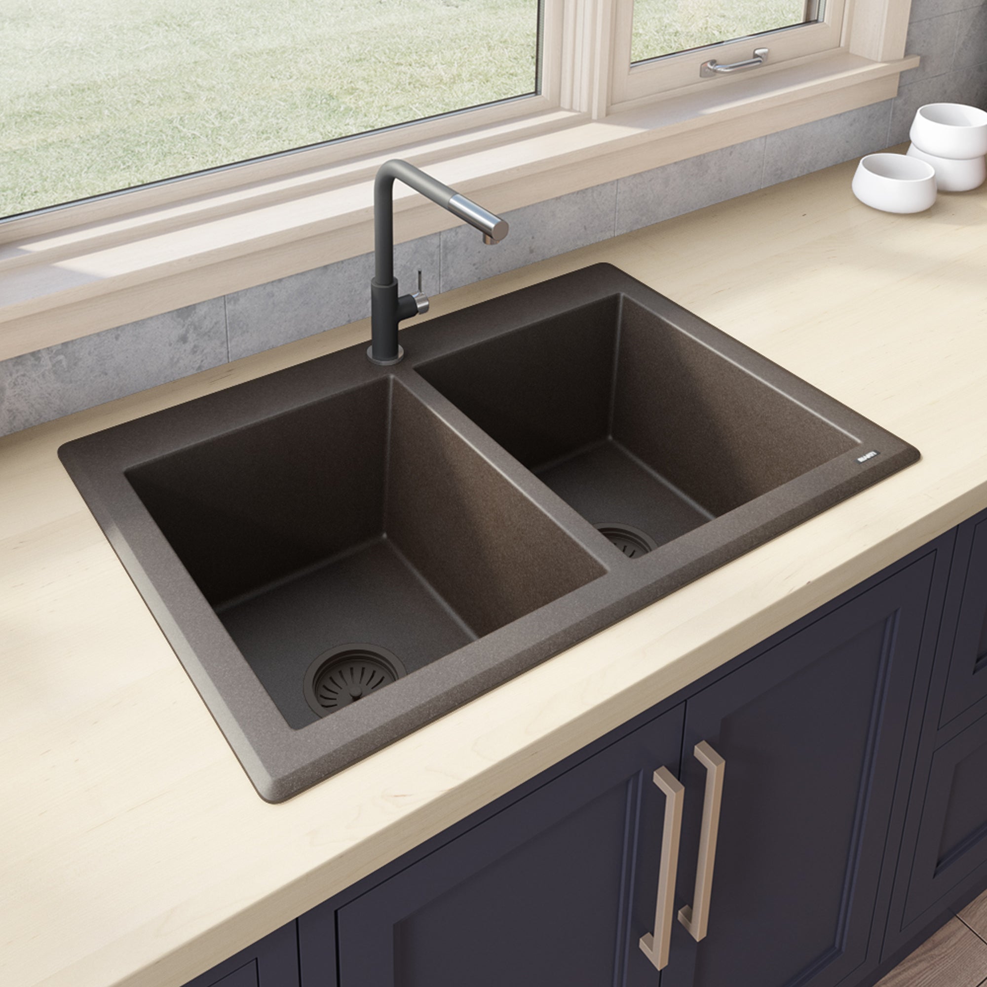 Ruvati 33 x 22" epiGranite Granite Composite Dual-Mount Double Bowl Kitchen Sink