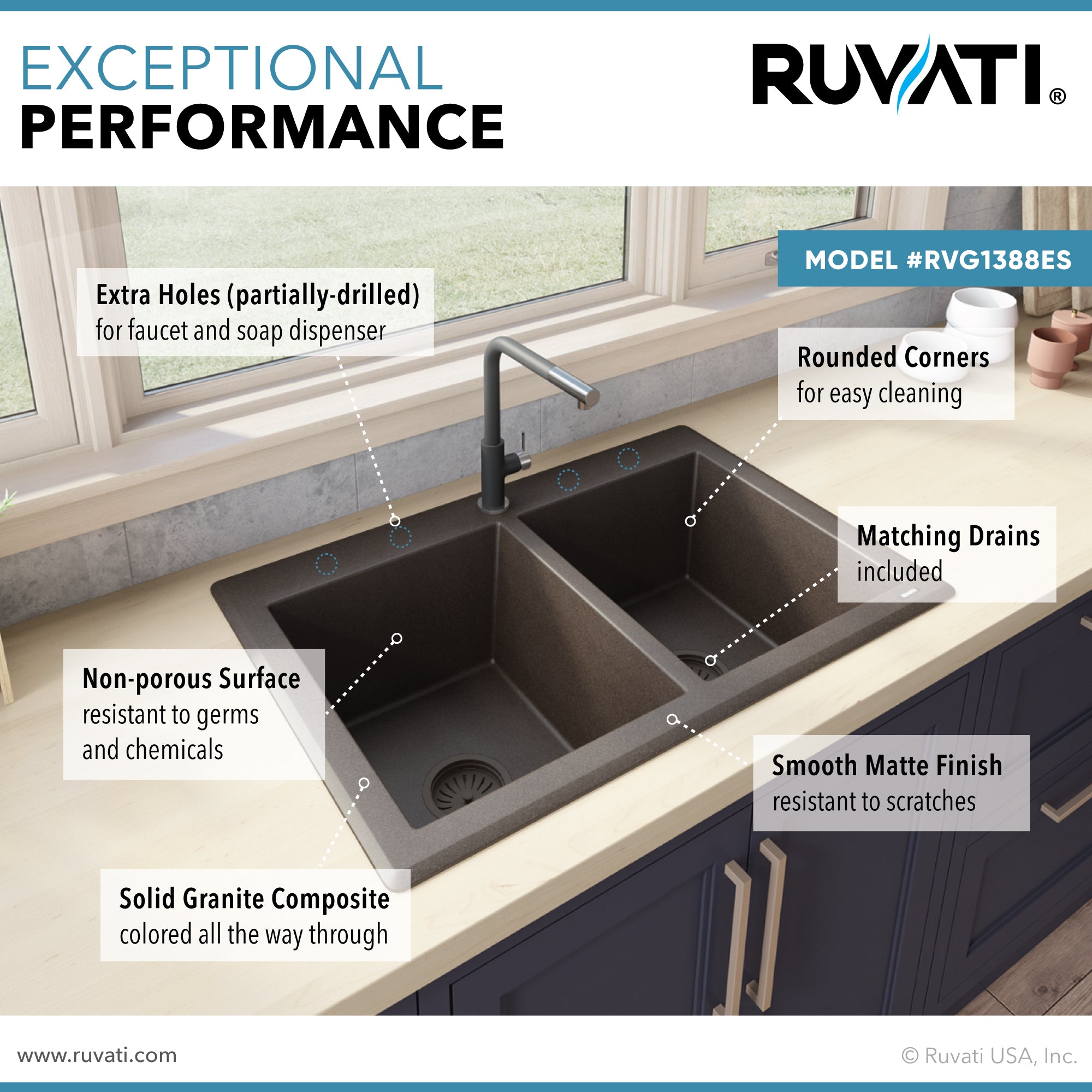 Ruvati 33 x 22" epiGranite Granite Composite Dual-Mount Double Bowl Kitchen Sink
