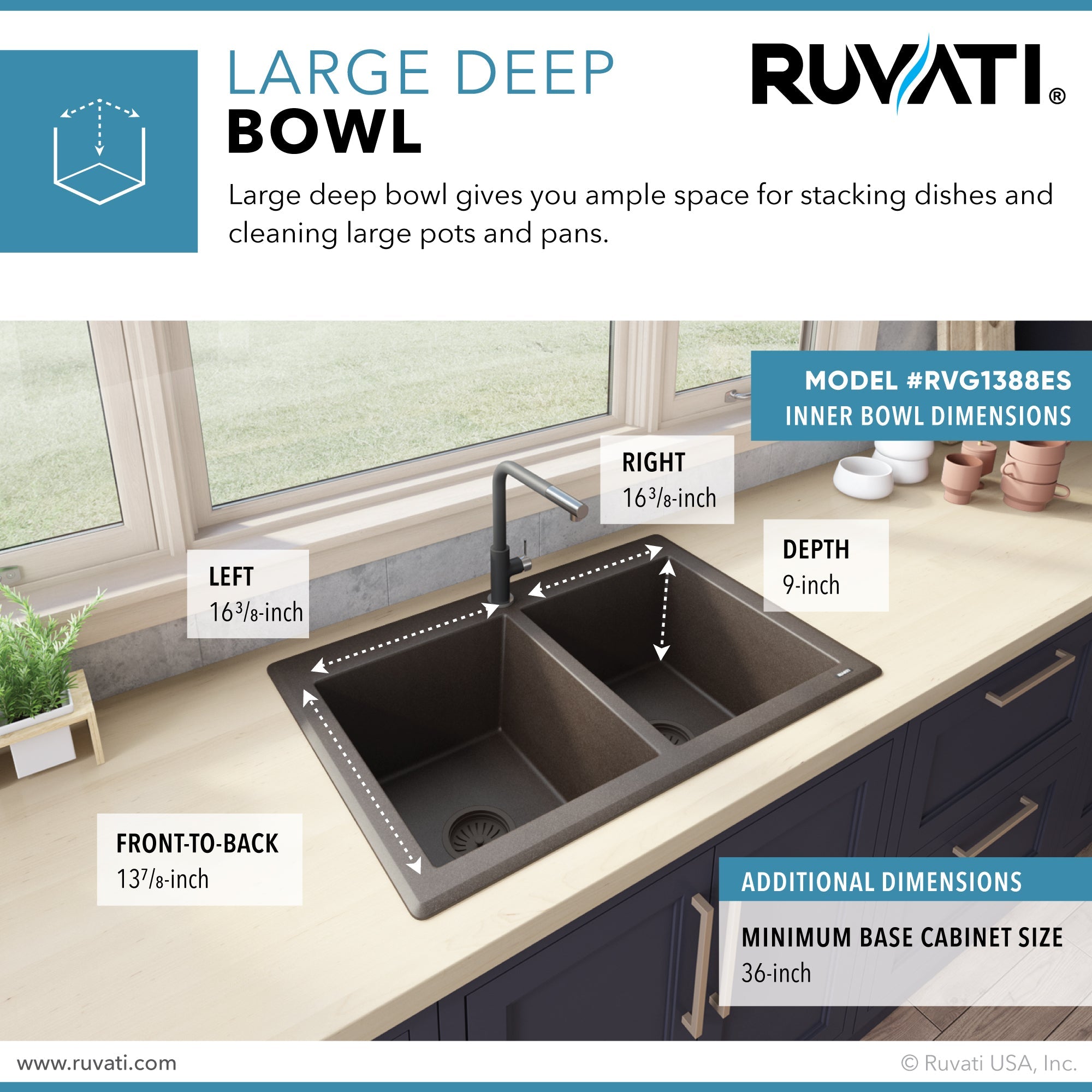 Ruvati 33 x 22" epiGranite Granite Composite Dual-Mount Double Bowl Kitchen Sink